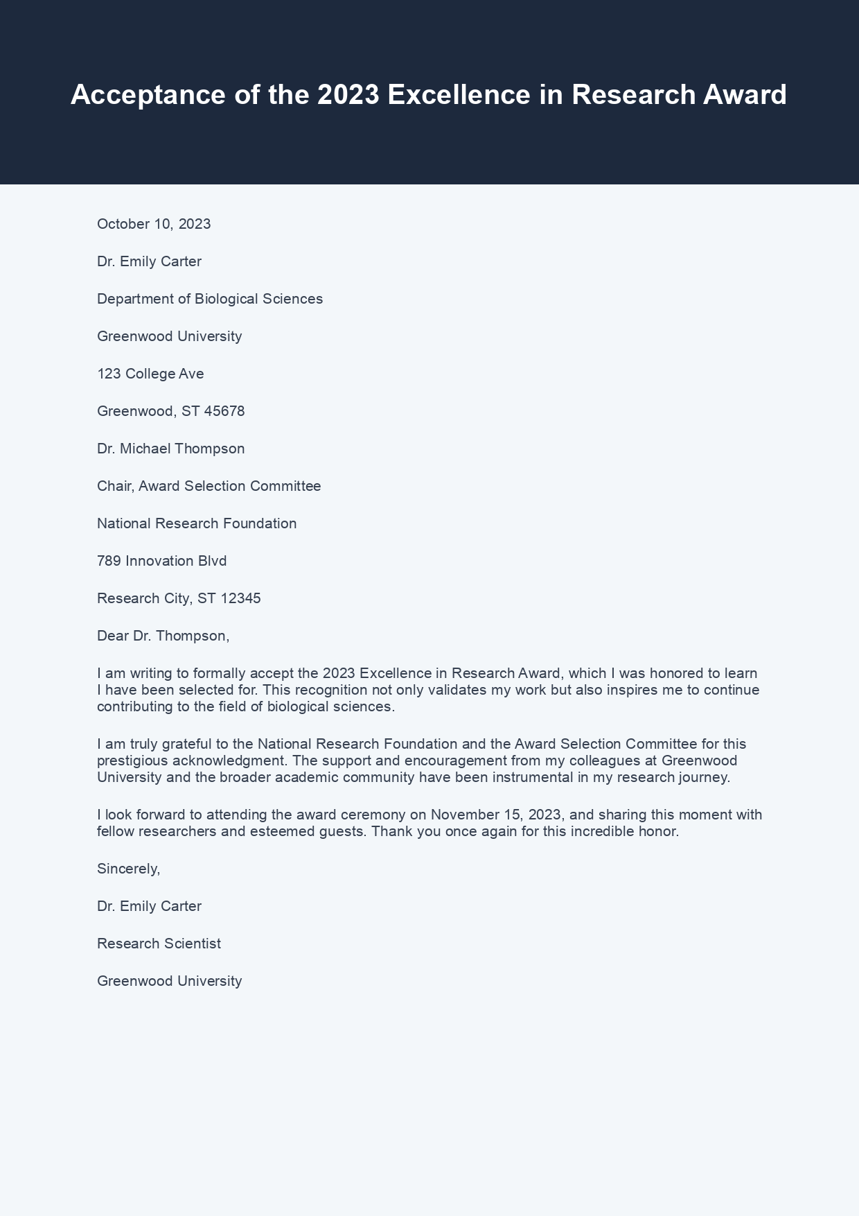 Acceptance Letter for Award Selection sample letter