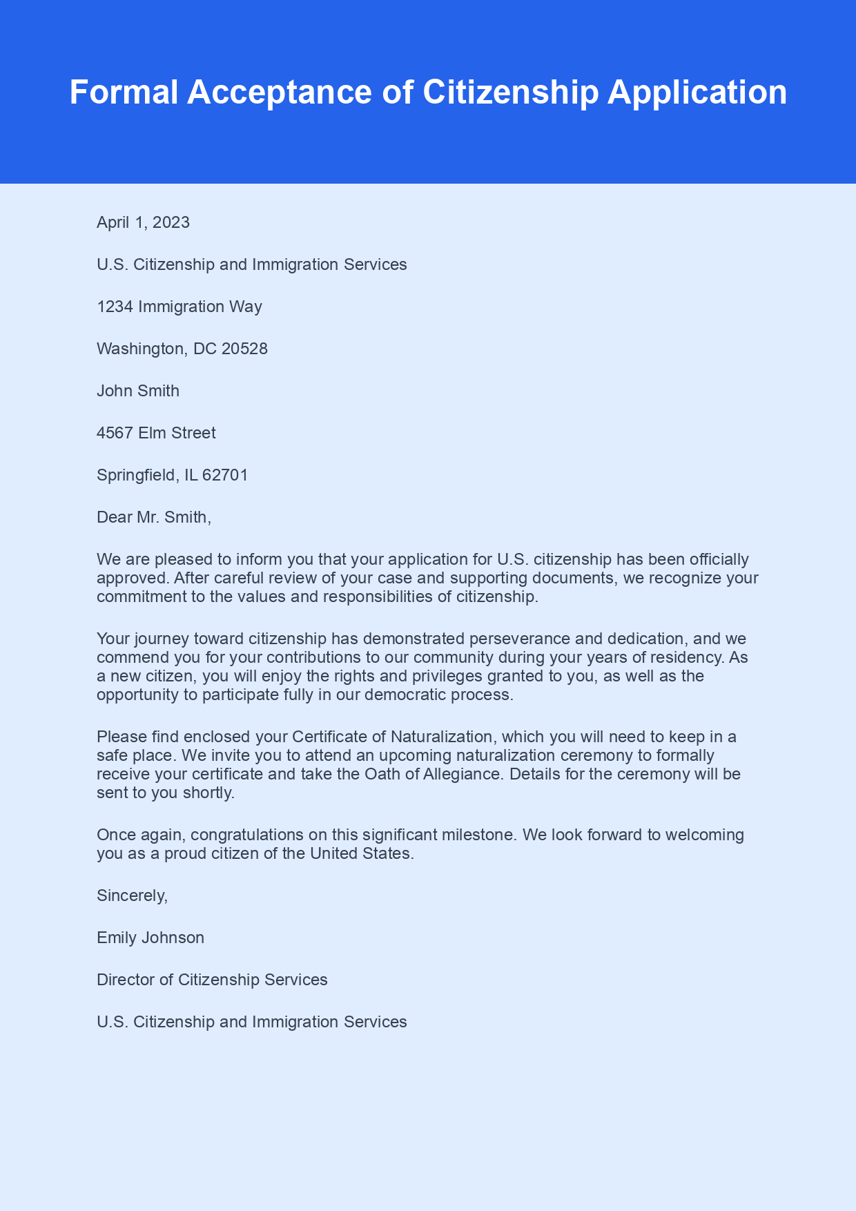 Acceptance Letter for Citizenship sample letter