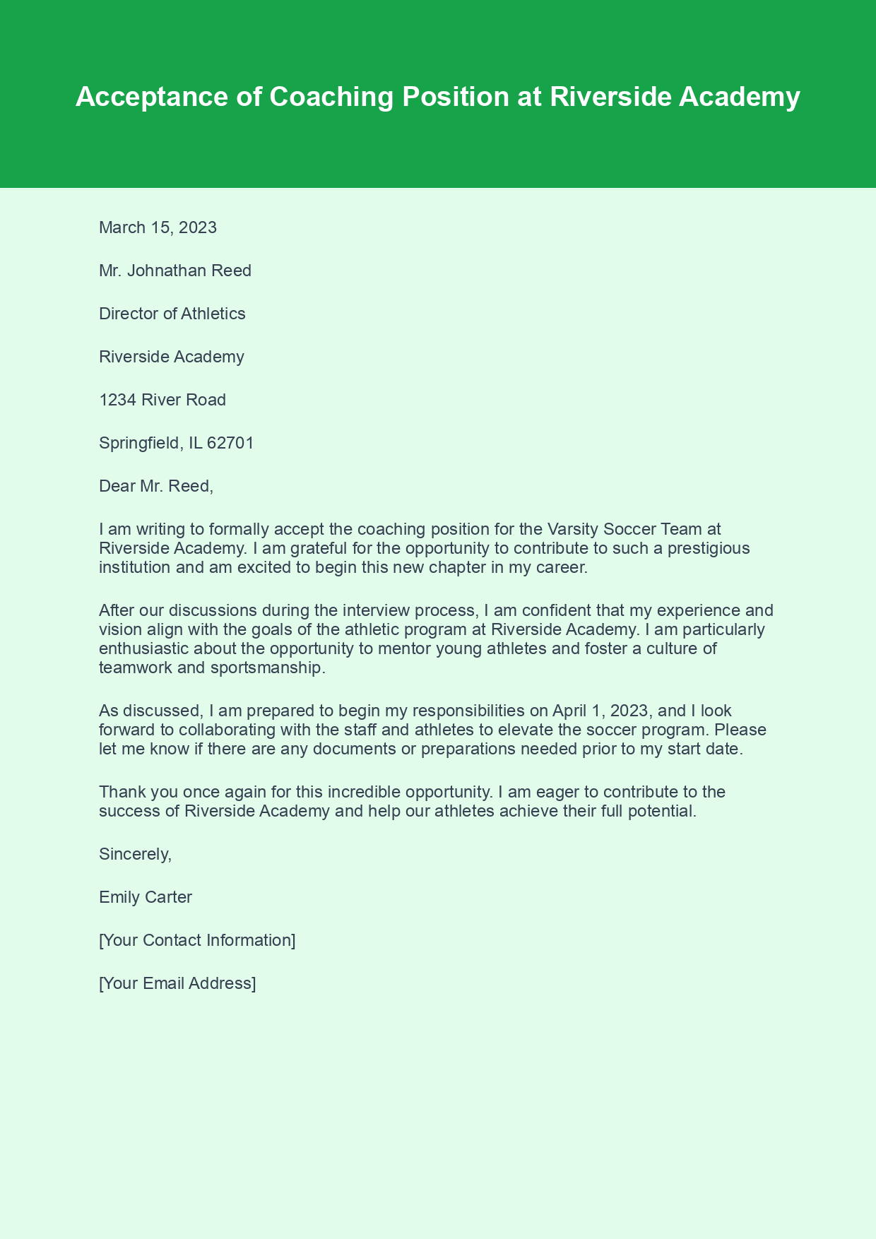 Acceptance Letter for Coaching Position sample letter