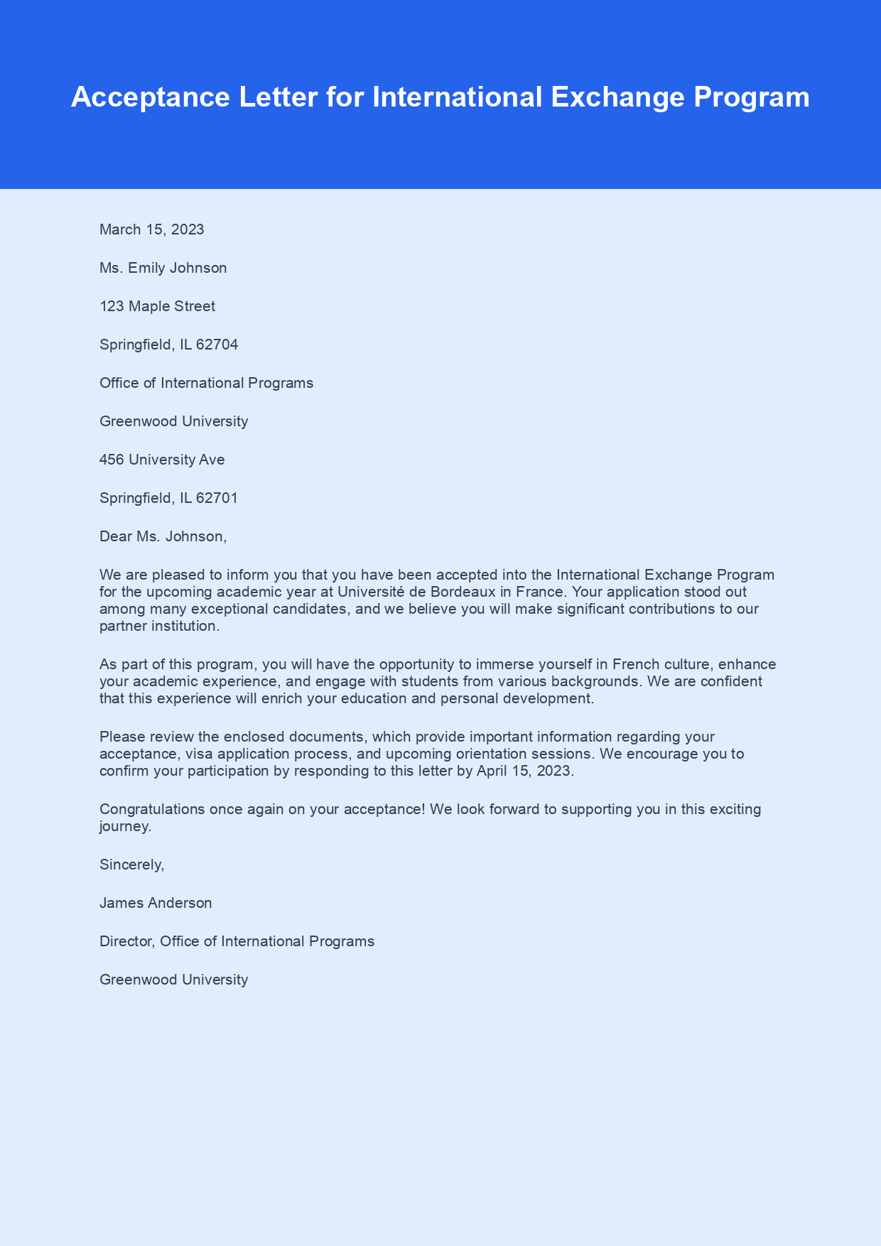 Acceptance Letter for Exchange Program sample letter