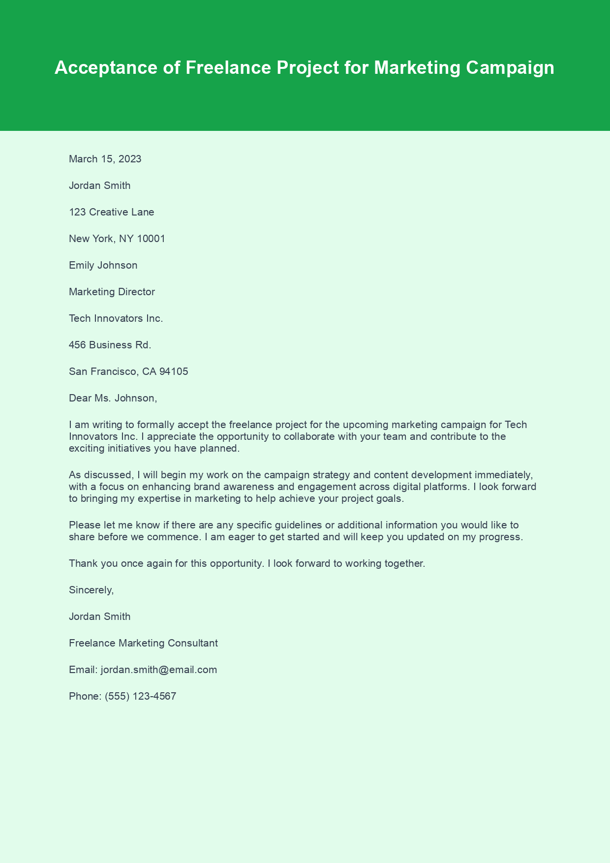 Acceptance Letter for Freelance Project sample letter