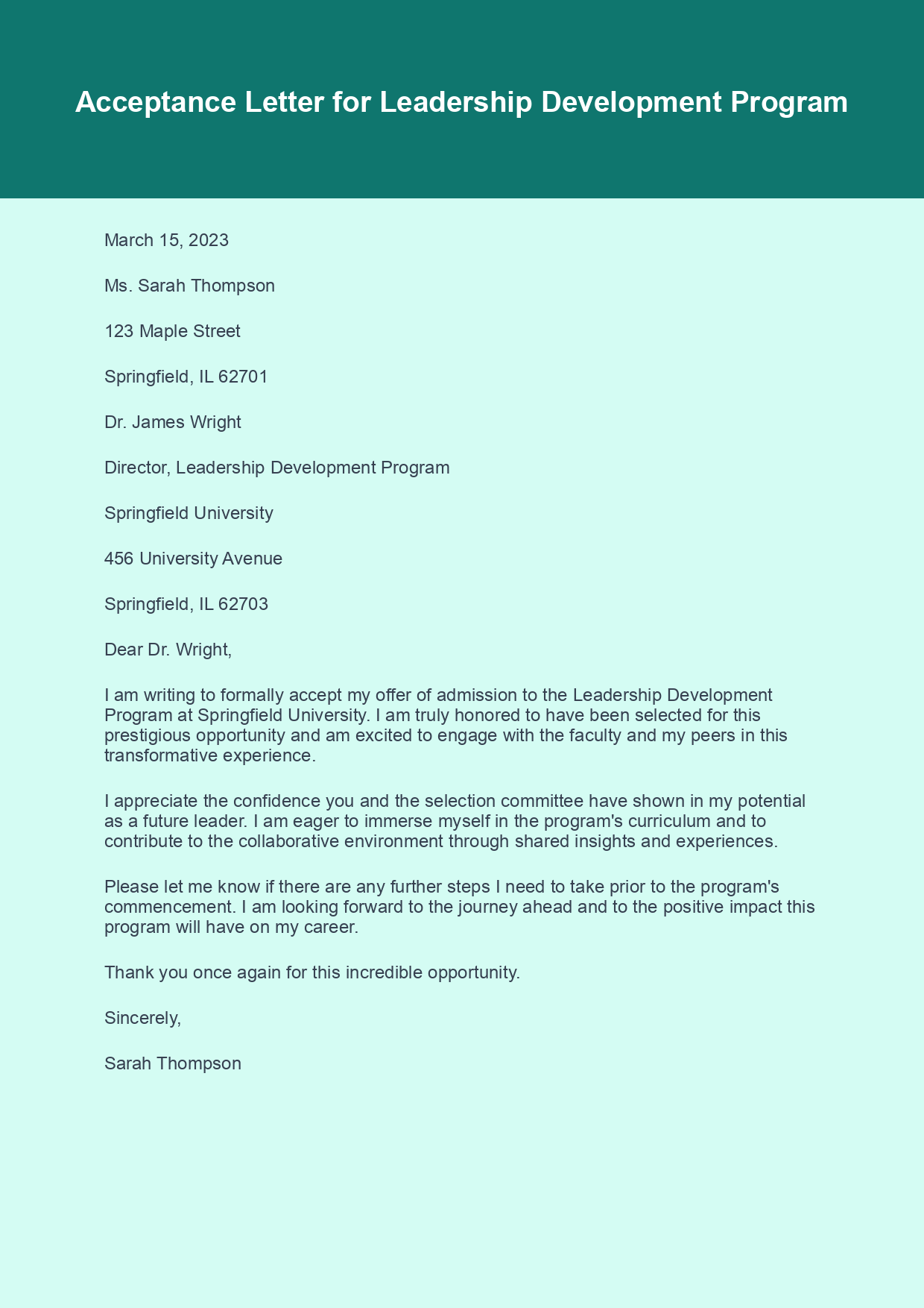 Acceptance Letter for Leadership Program sample letter