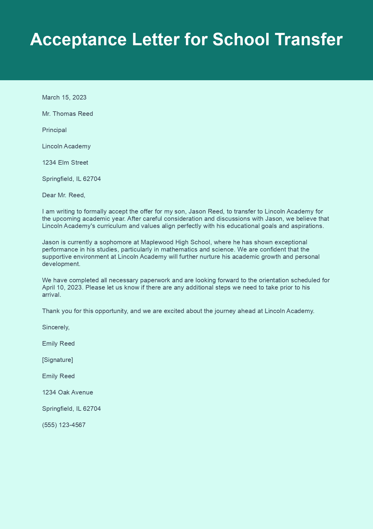 Acceptance Letter for School Transfer sample letter