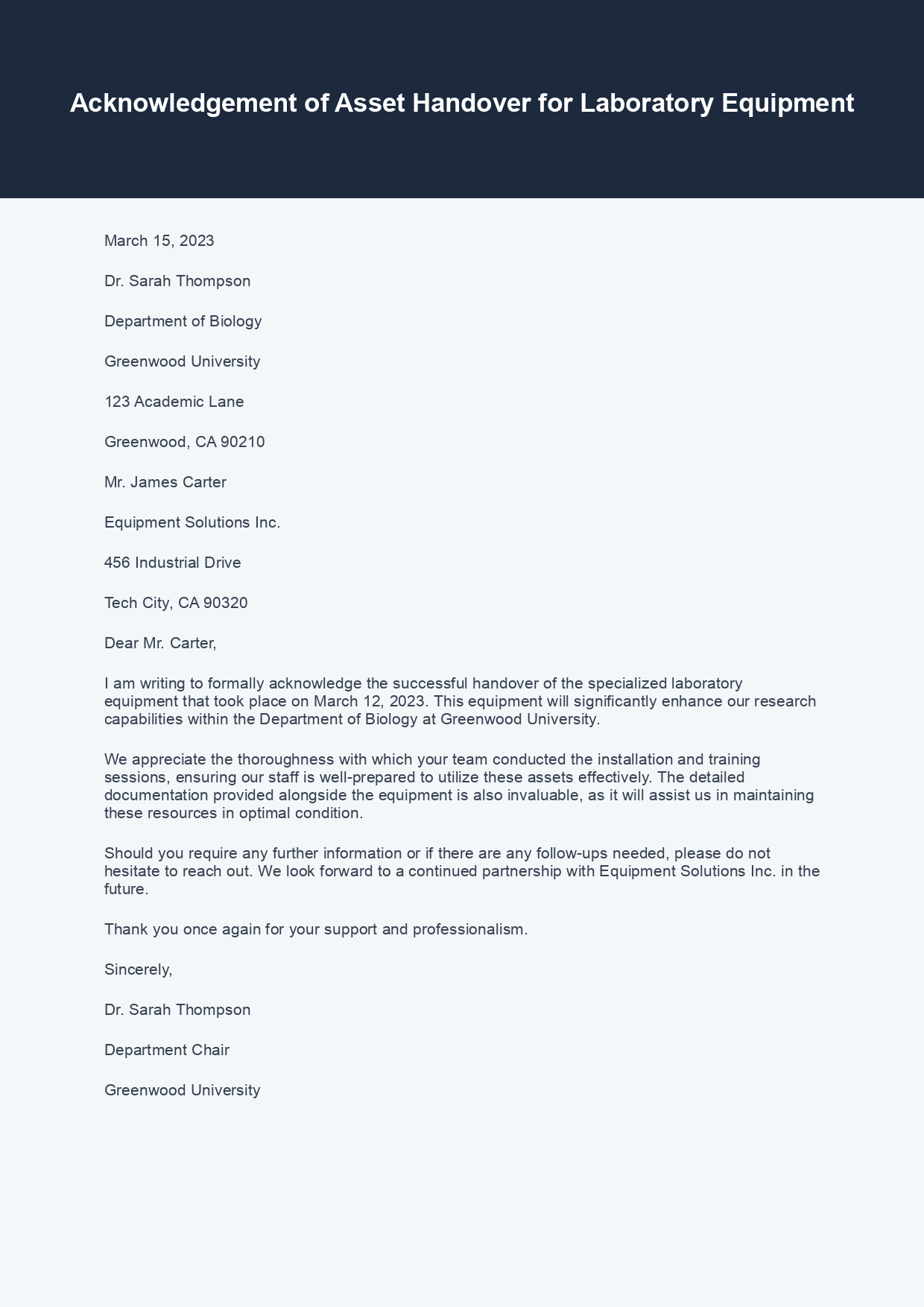 Acknowledgement Letter for Asset Handover sample letter