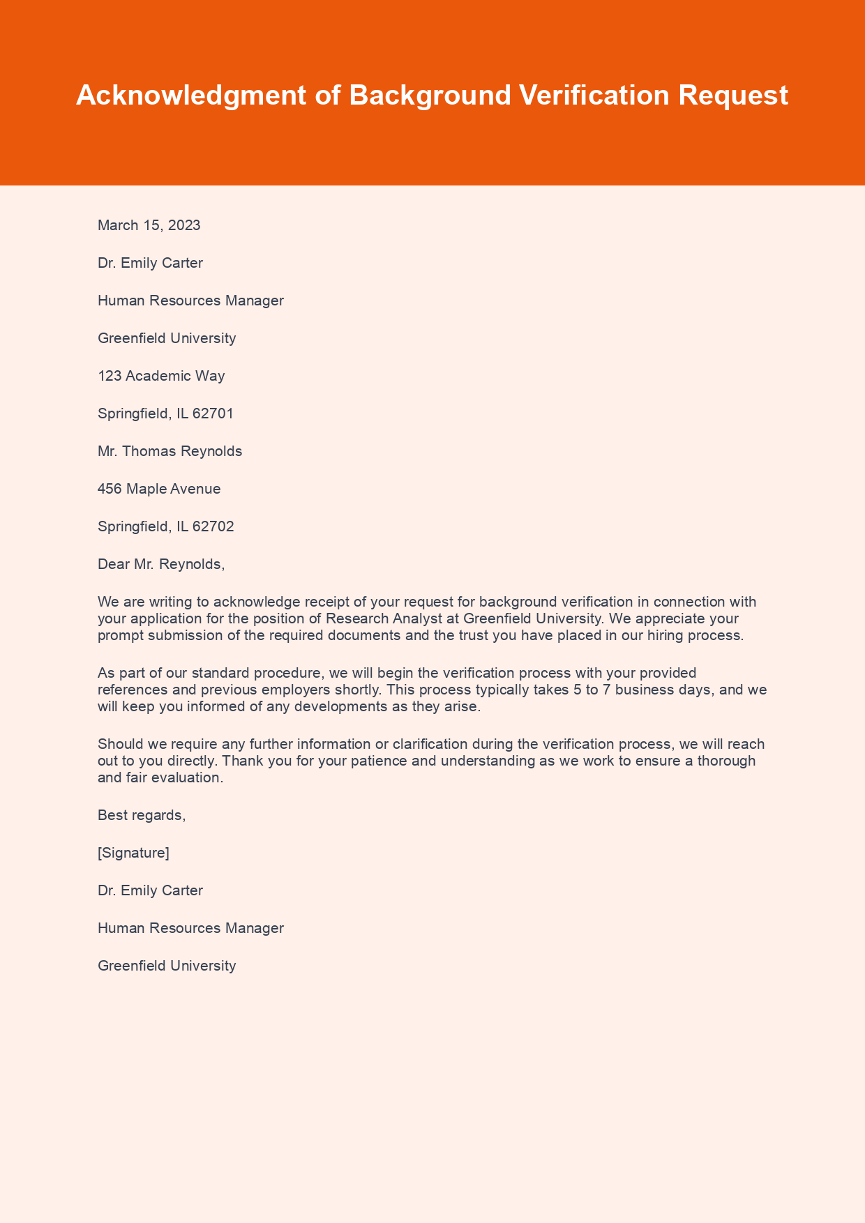 Acknowledgement Letter for Background Verification sample letter