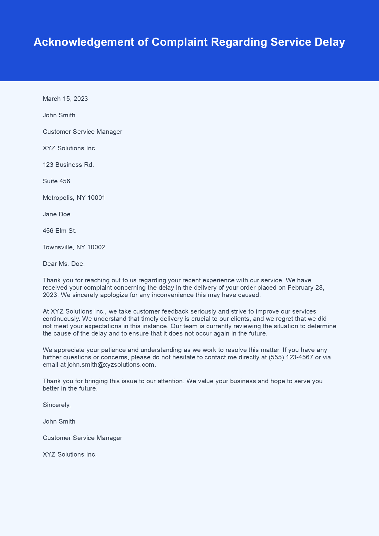 Acknowledgement Letter for Complaint Received sample letter