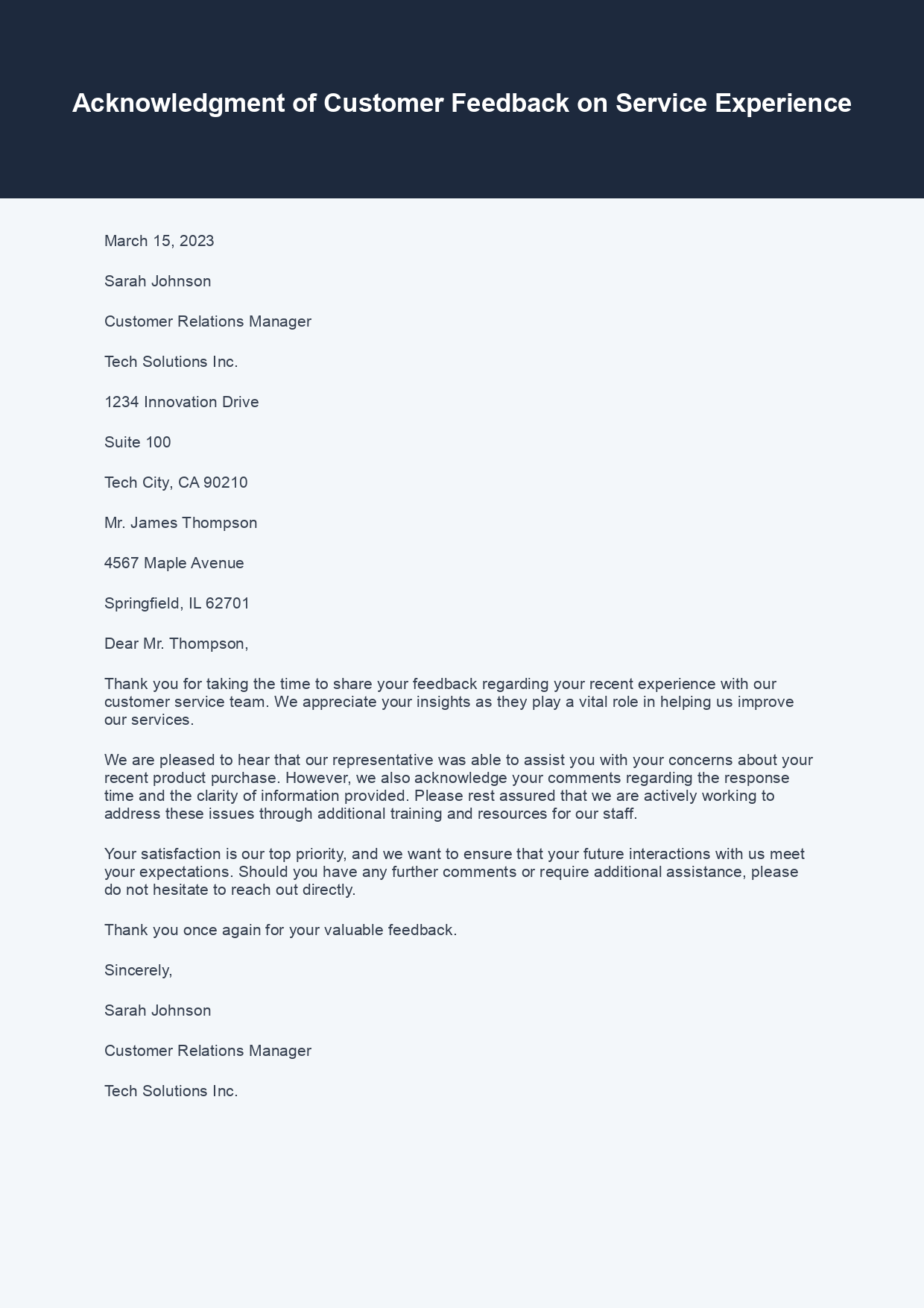 Acknowledgement Letter for Customer Feedback sample letter