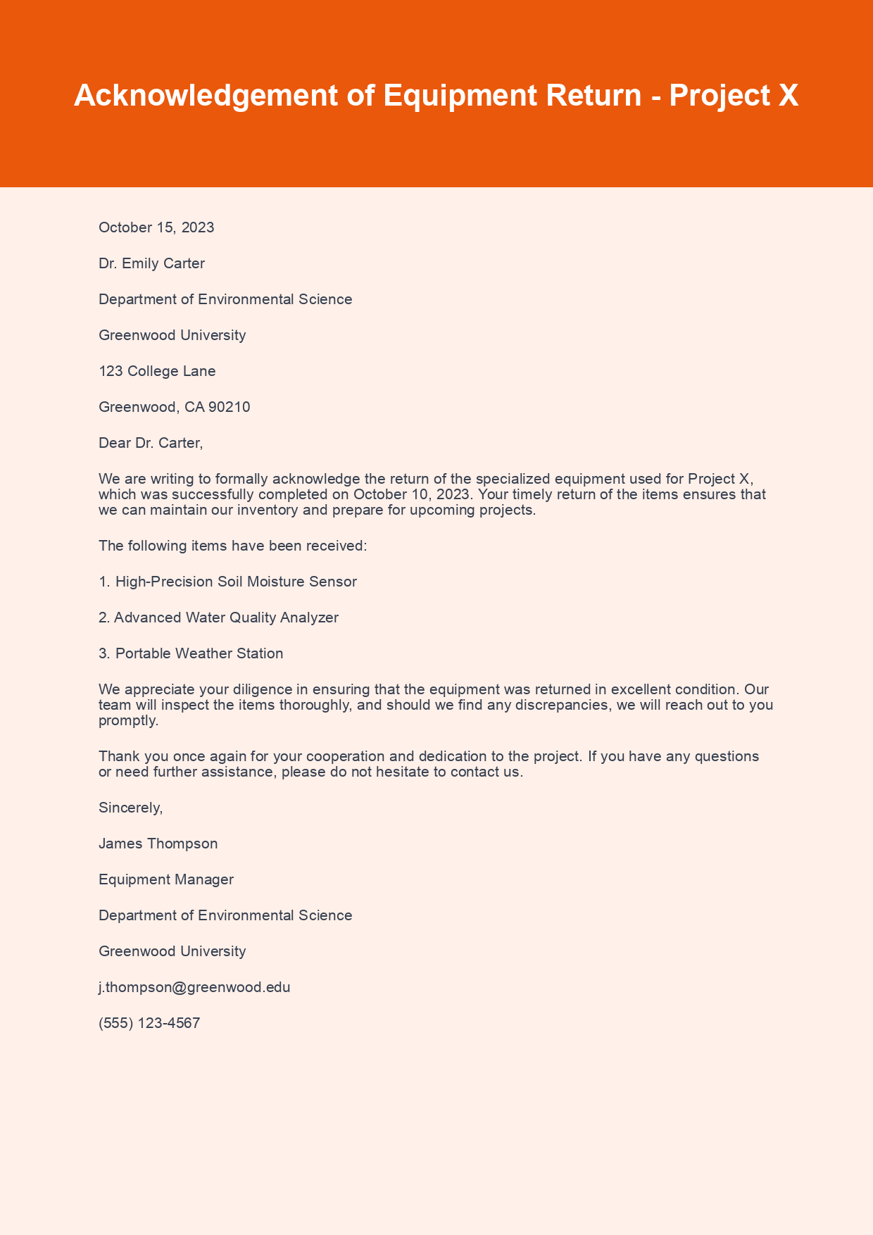 Acknowledgement Letter for Equipment Return sample letter