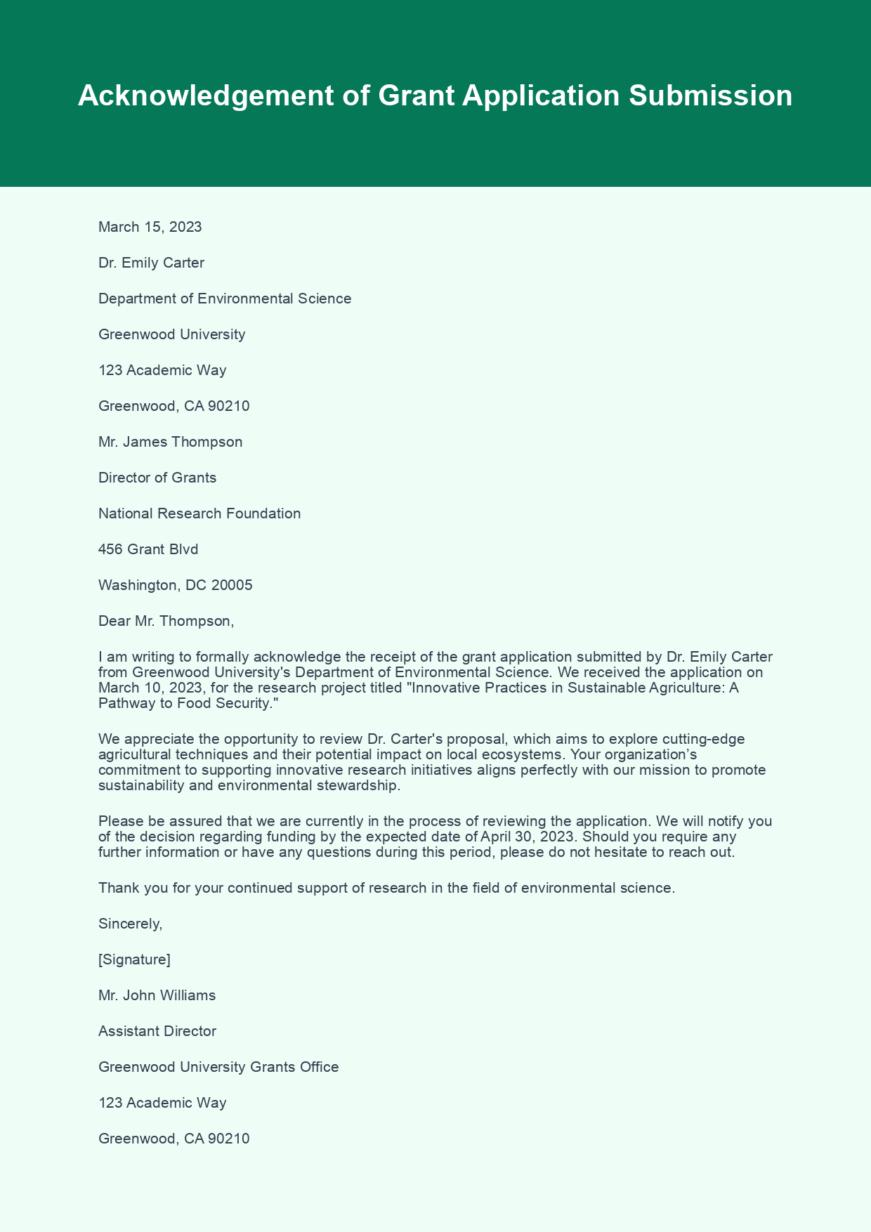 Acknowledgement Letter for Grant Application sample letter