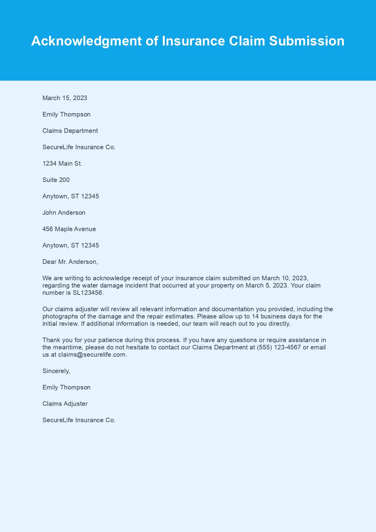 Acknowledgement Letter for Insurance Claim sample letter