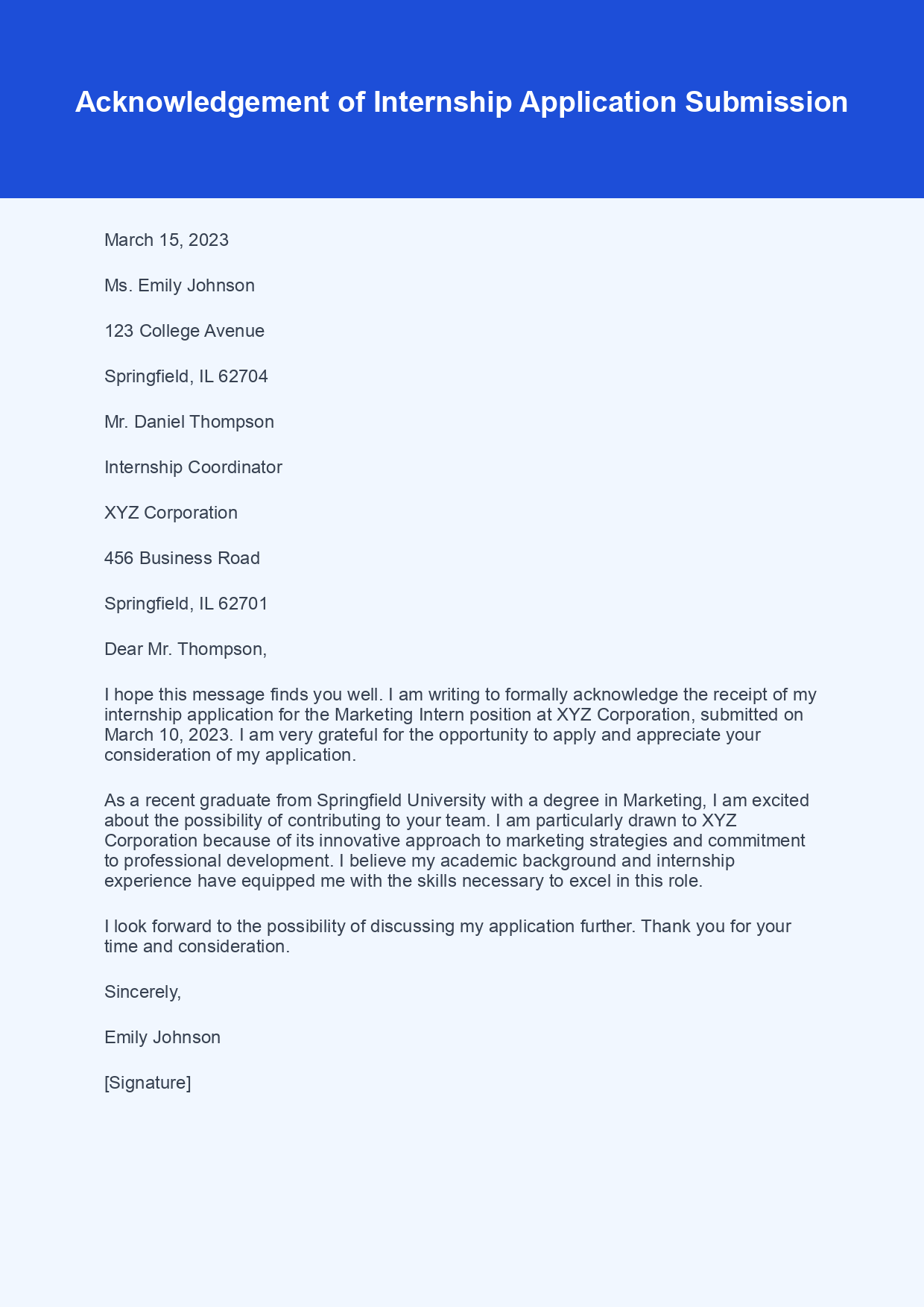 Acknowledgement Letter for Internship Application sample letter