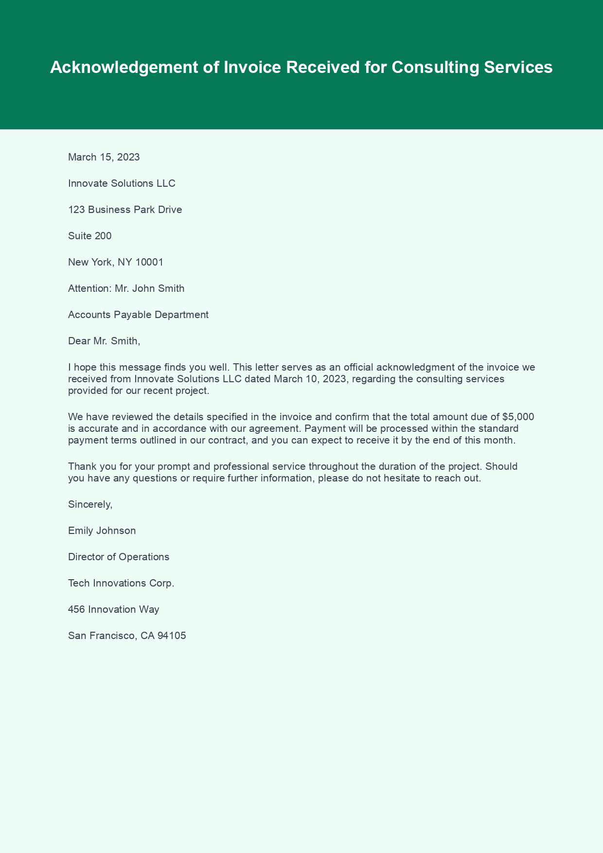 Acknowledgement Letter for Invoice Received sample letter