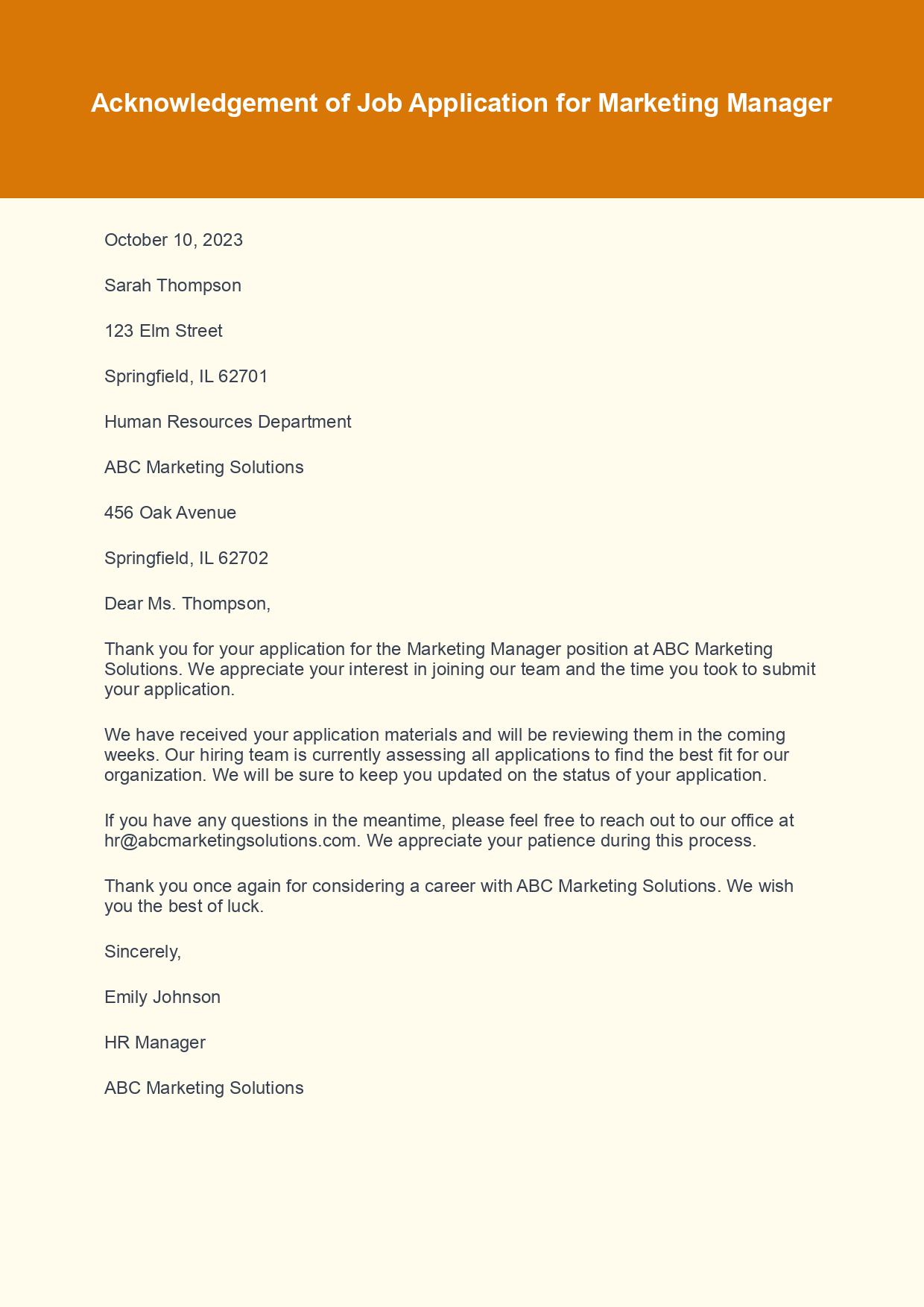 Acknowledgement Letter for Job Application sample letter