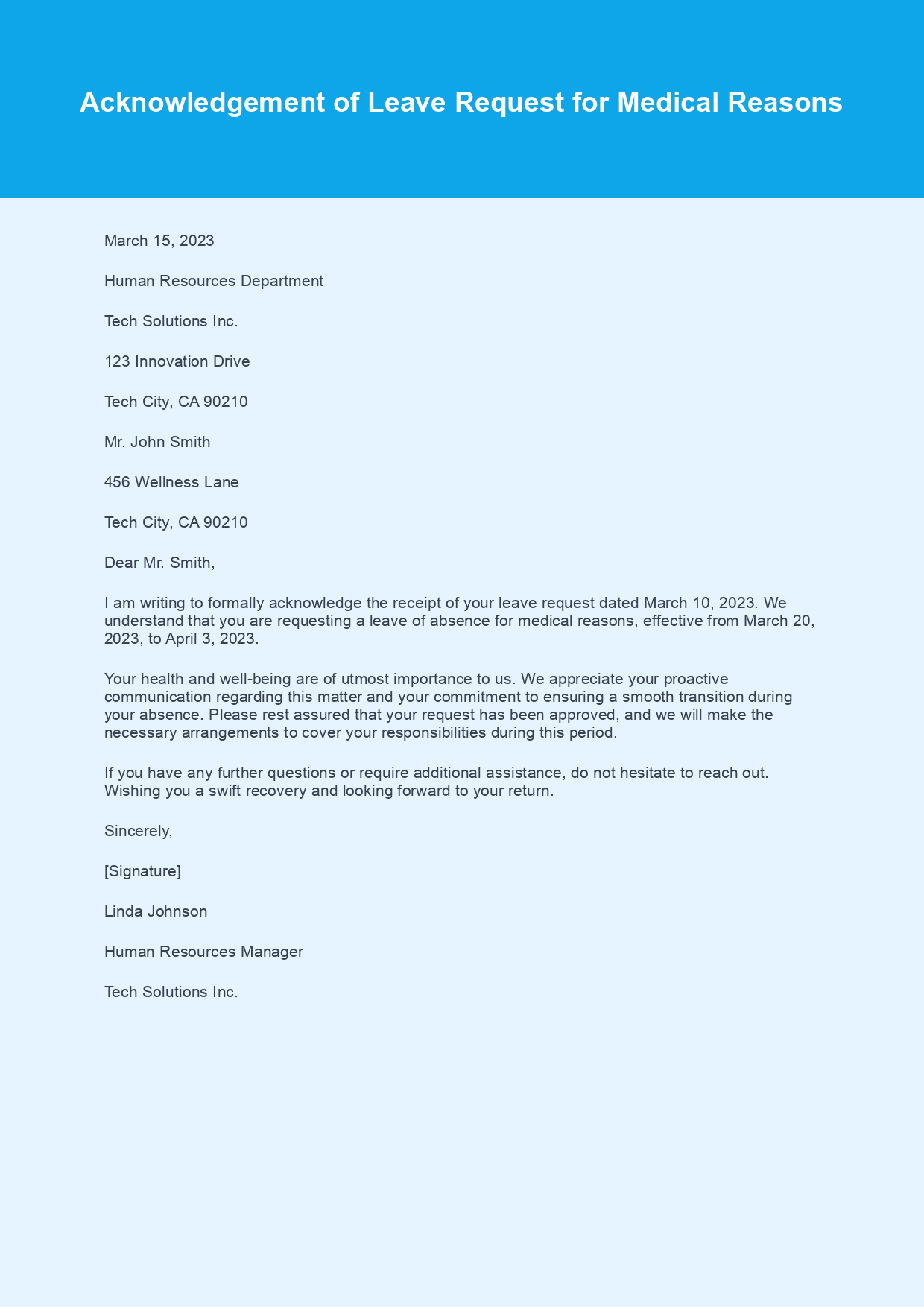 Acknowledgement Letter for Leave Request sample letter