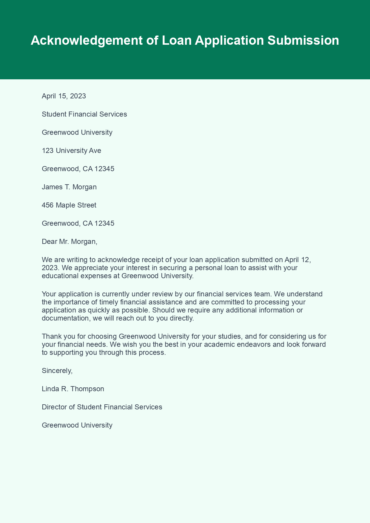 Acknowledgement Letter for Loan Application sample letter