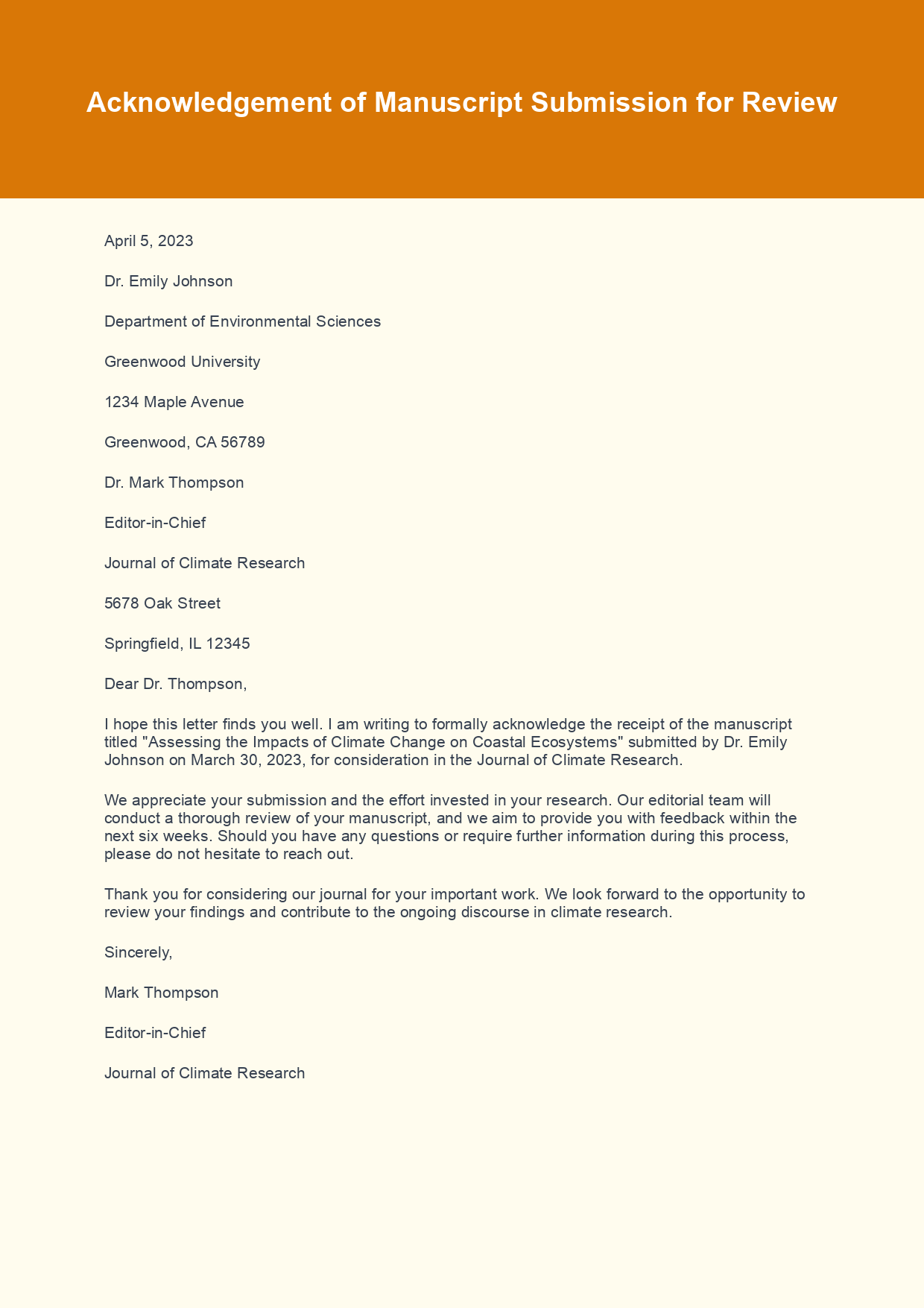 Acknowledgement Letter for Manuscript Submission sample letter