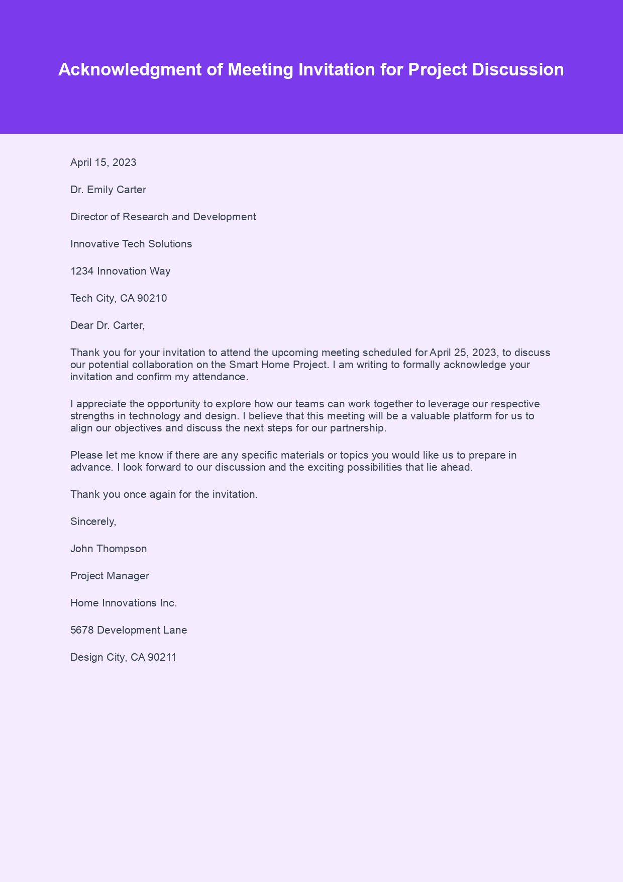 Acknowledgement Letter for Meeting Invitation sample letter