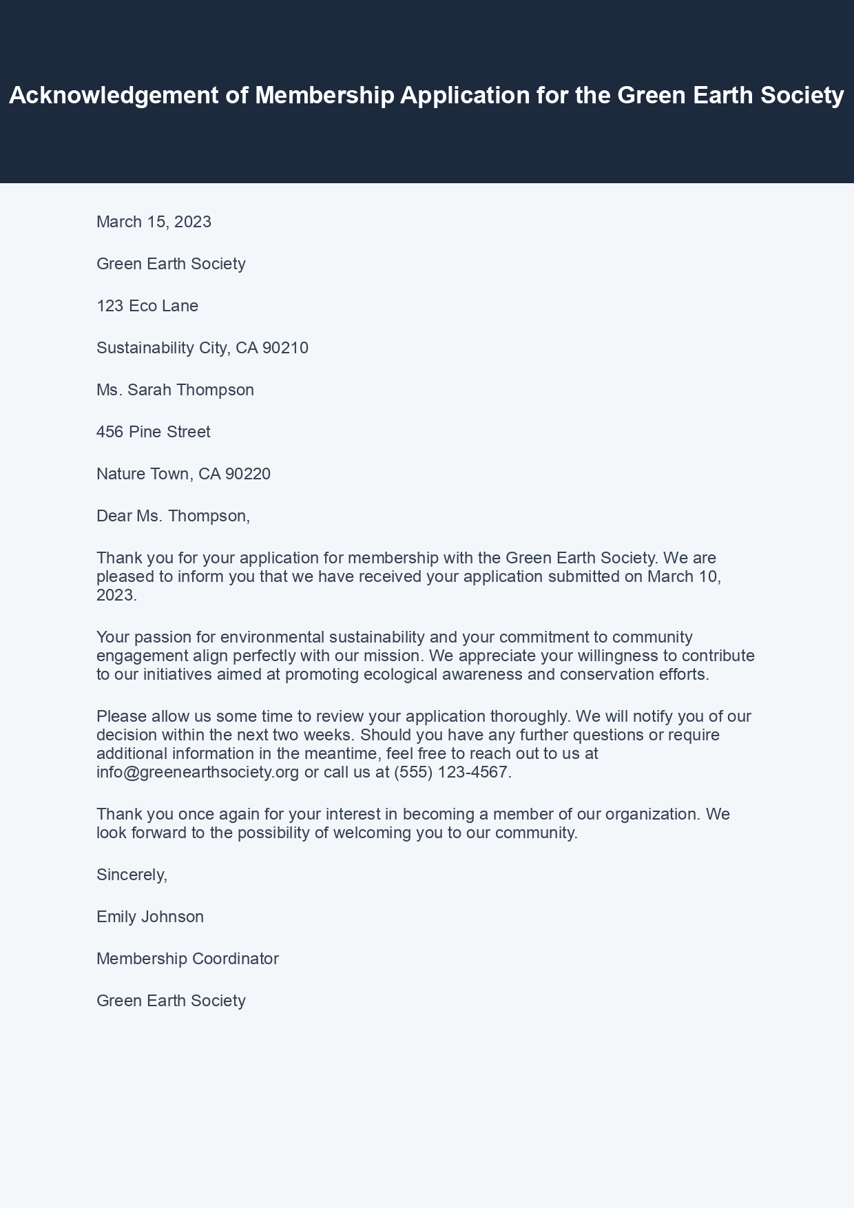 Acknowledgement Letter for Membership Application sample letter