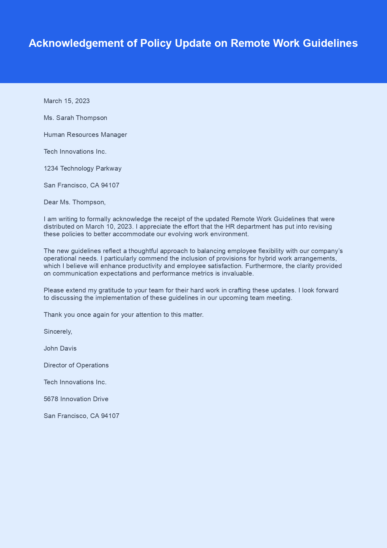 Acknowledgement Letter for Policy Update sample letter