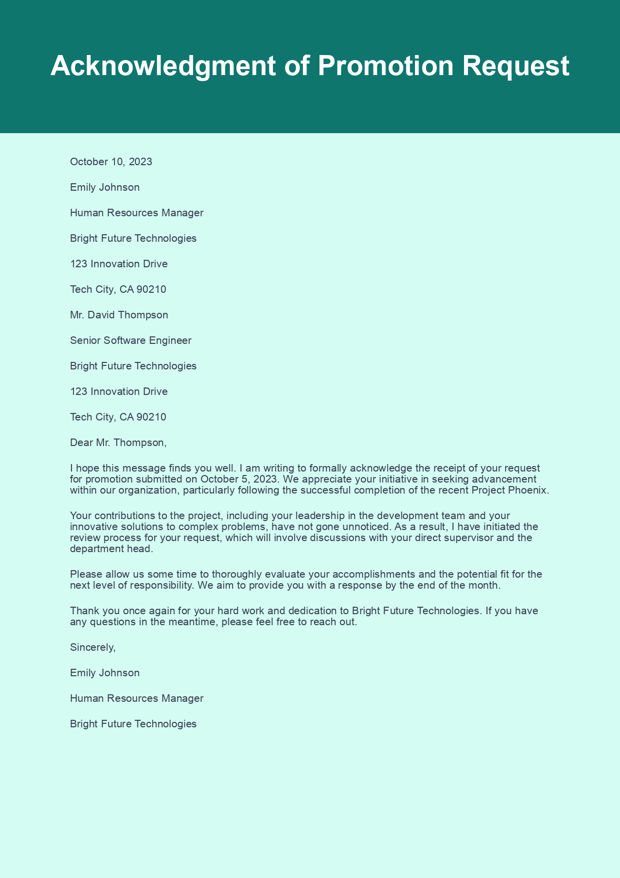 Acknowledgement Letter for Promotion Request sample letter