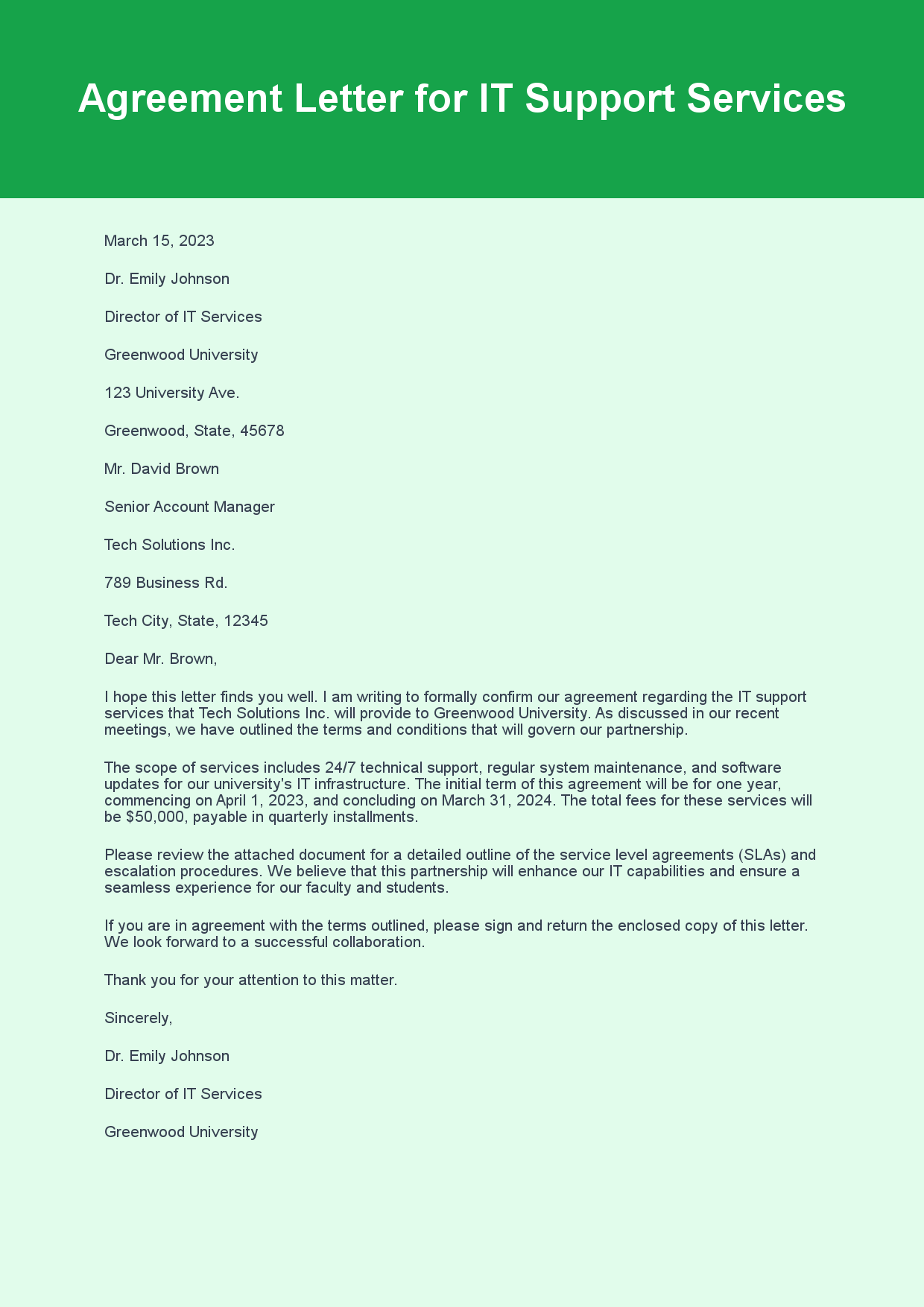 Agreement Letter for Service Terms sample letter