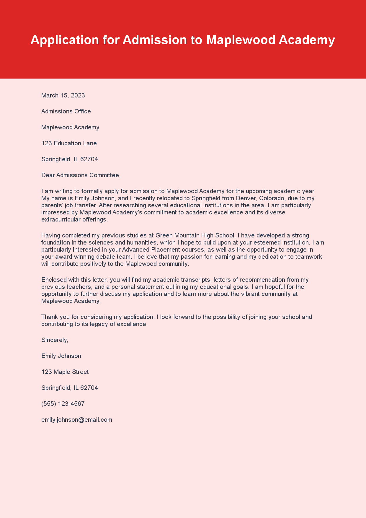 Application Letter for School Admission sample letter