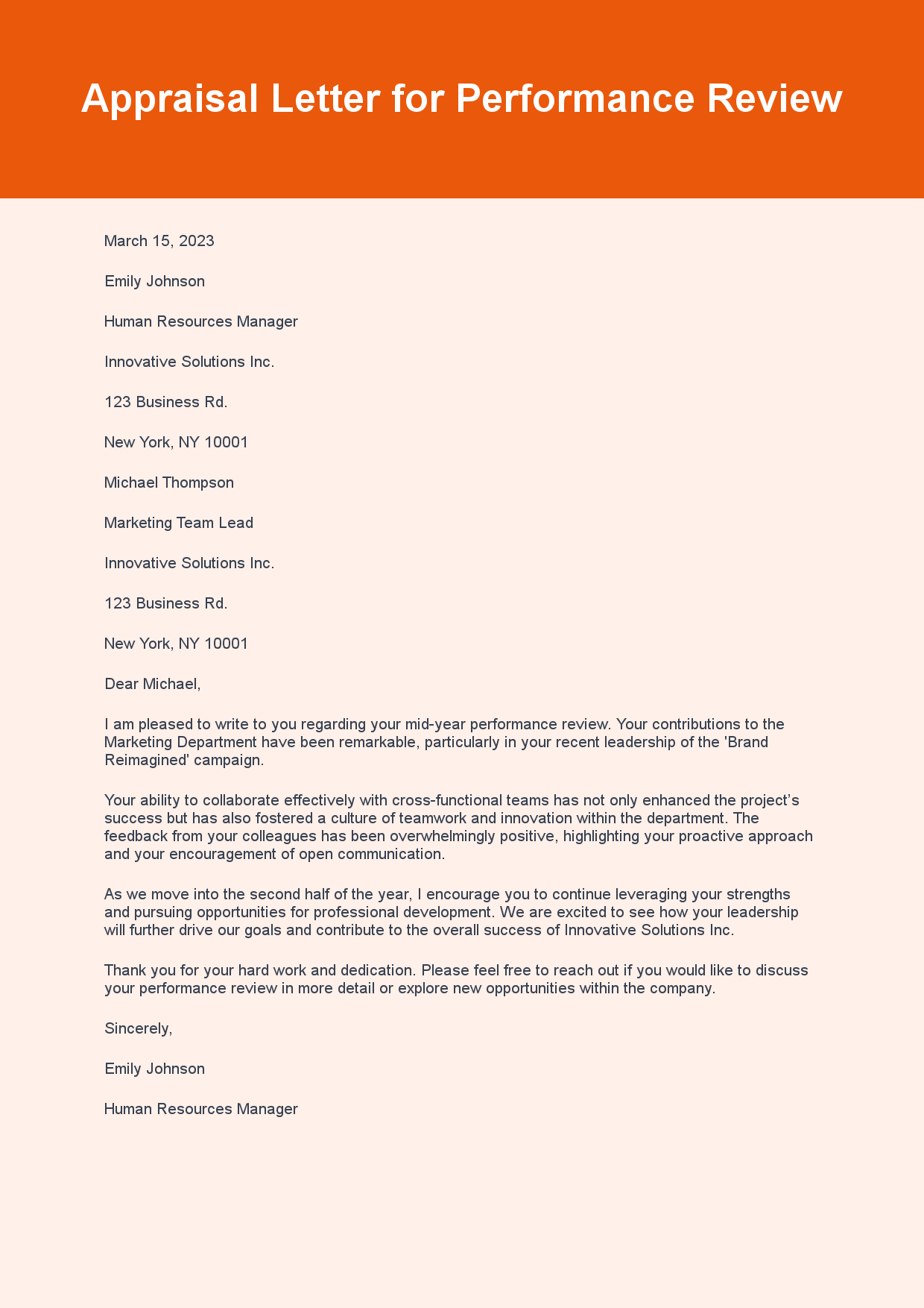 Appraisal Letter for Performance Review sample letter