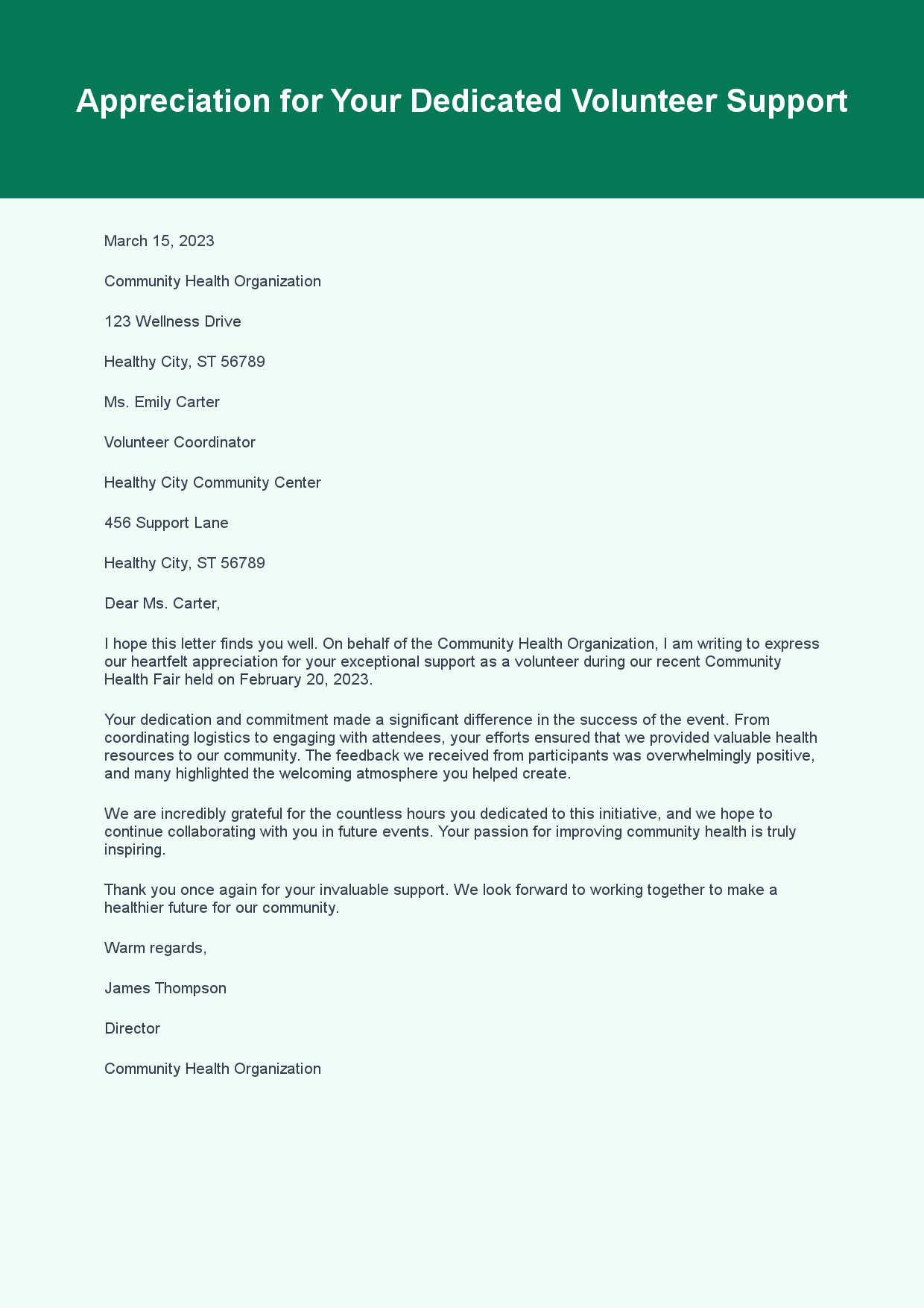 Appreciation Letter for Volunteer Support sample letter