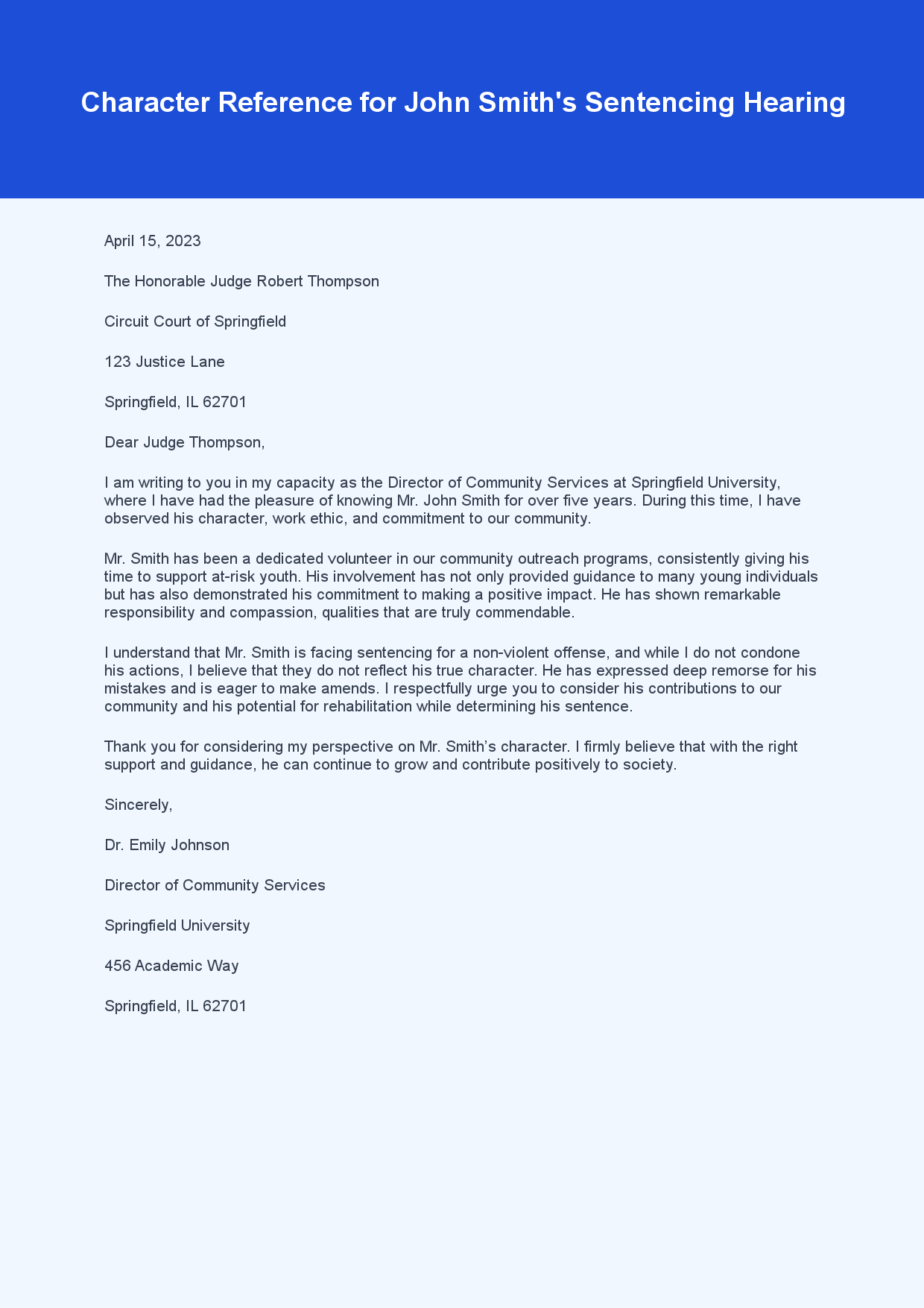 Character Reference Letter for Court sample letter