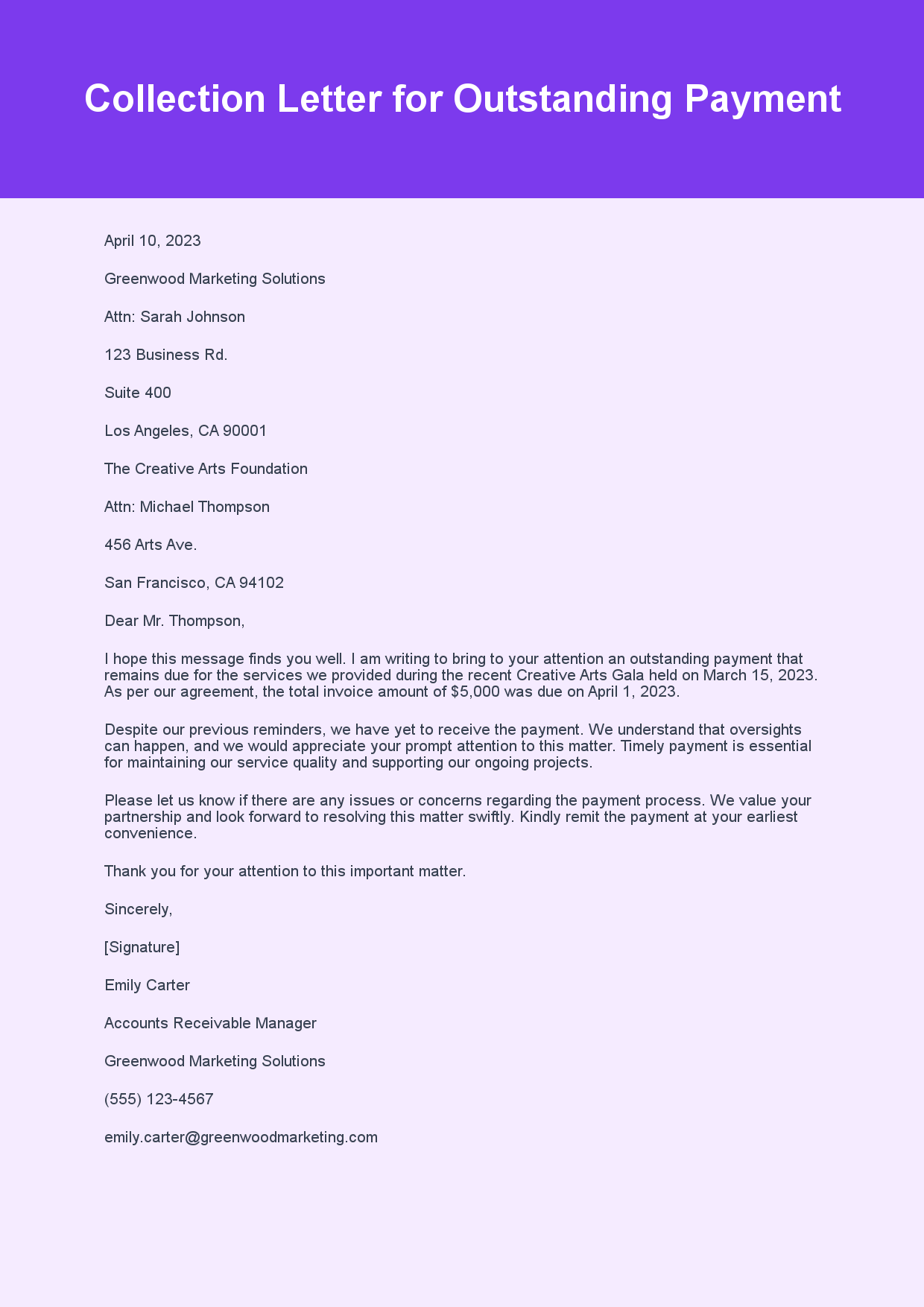 Collection Letter for Outstanding Payment sample letter