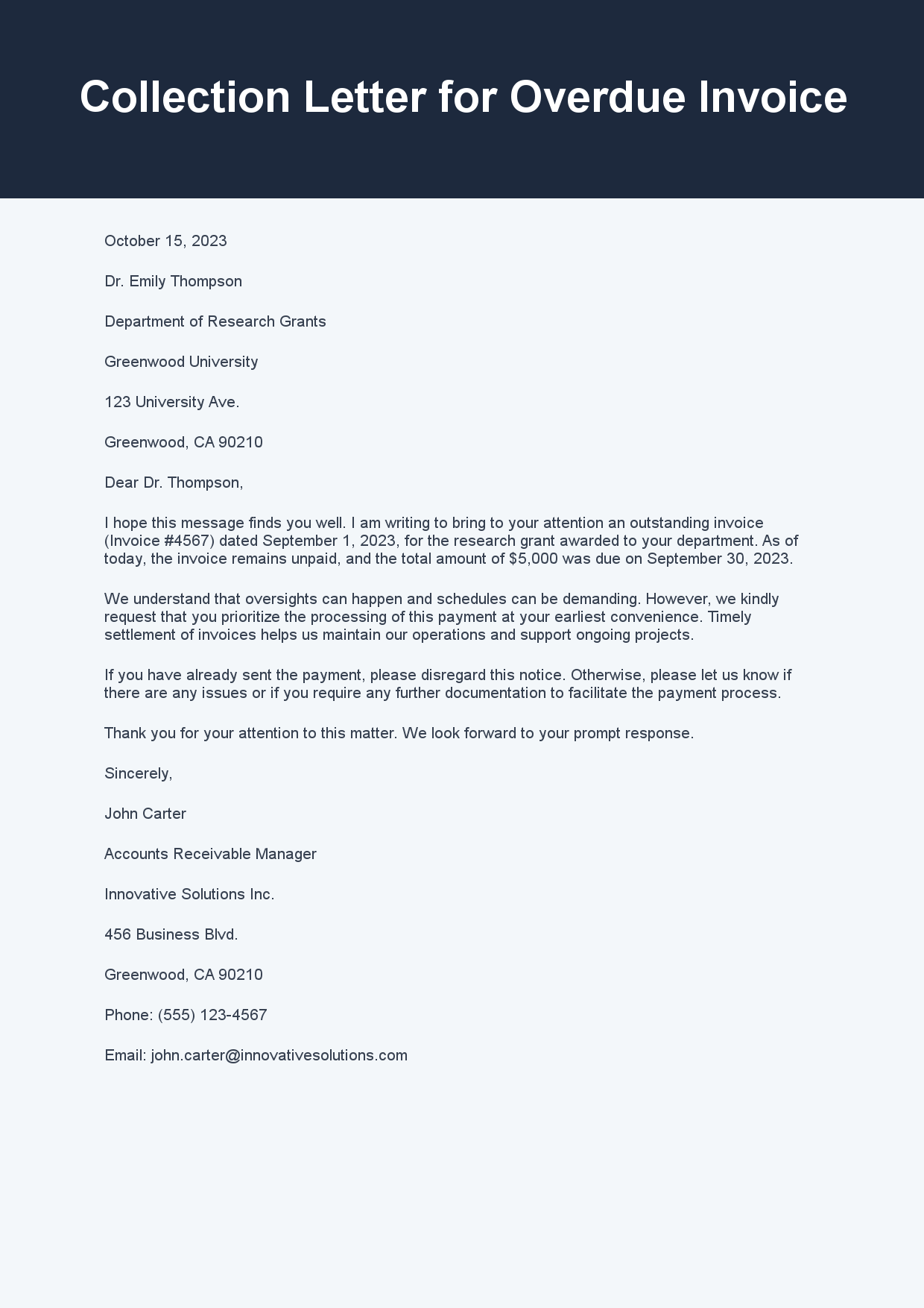 Collection Letter for Overdue Invoice sample letter