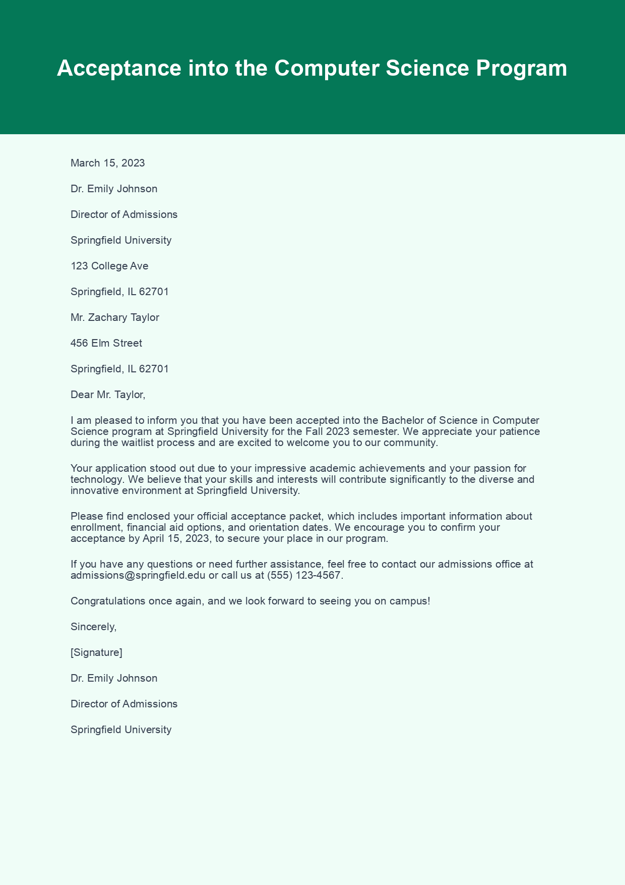 College Admission Acceptance Letter sample letter
