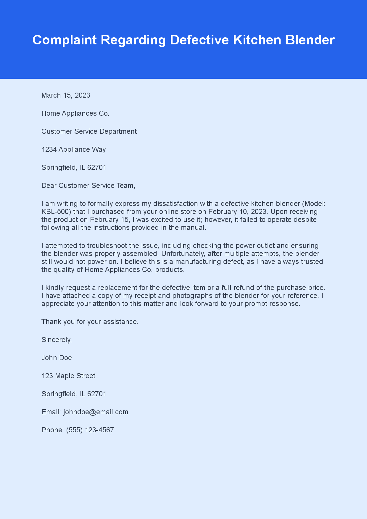 Complaint Letter for Defective Product sample letter