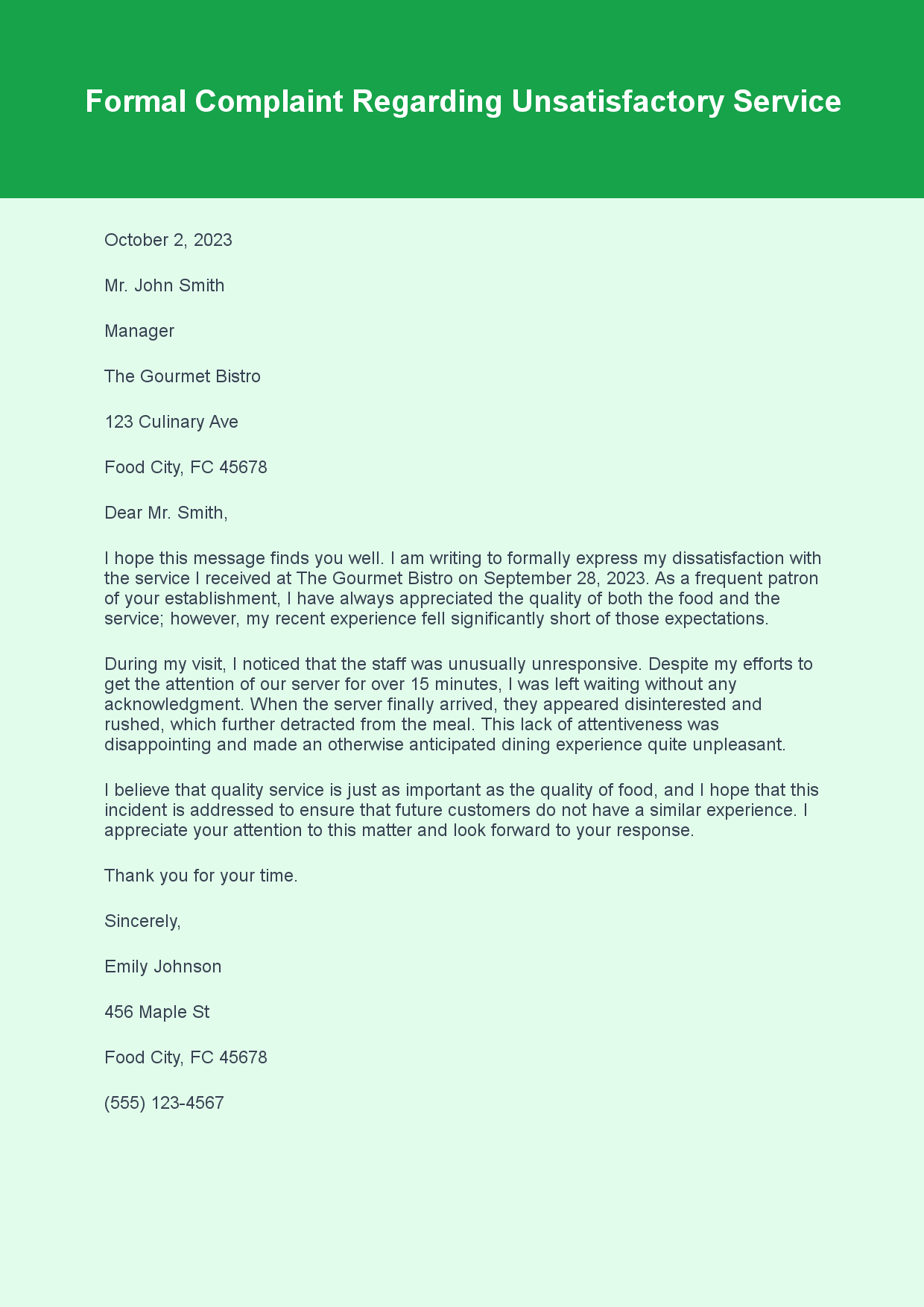 Complaint Letter for Poor Service sample letter