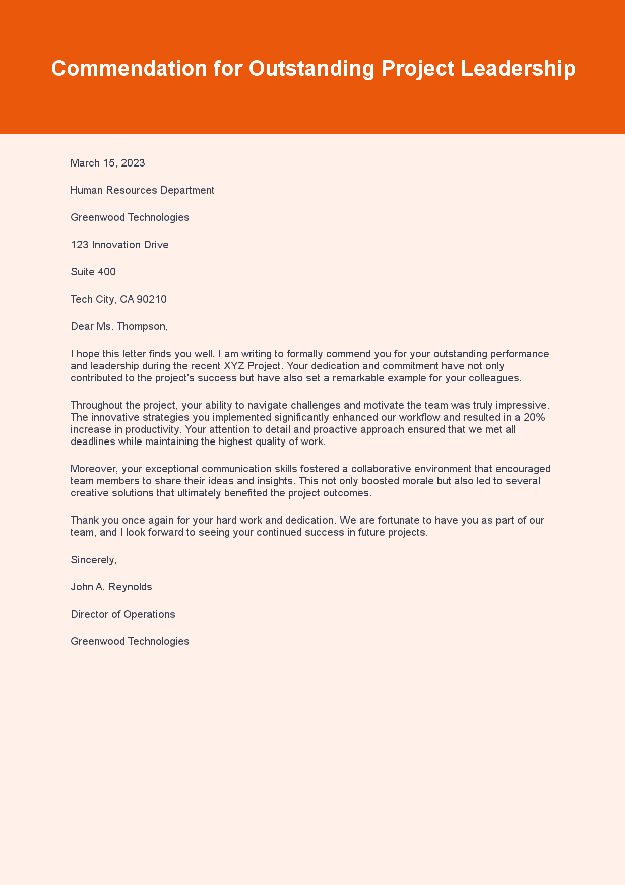 Compliment Letter for Employee Performance sample letter