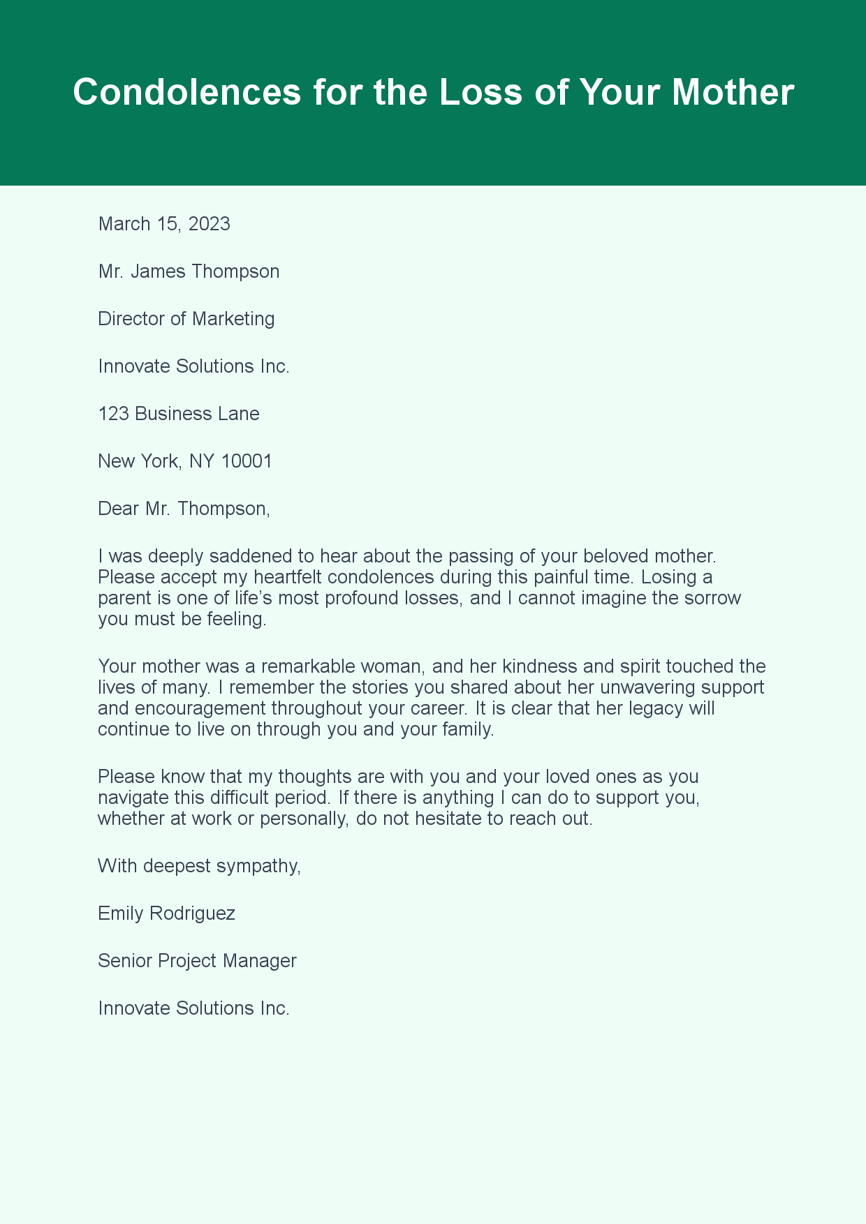 Condolence Letter for Loss of Family Member sample letter