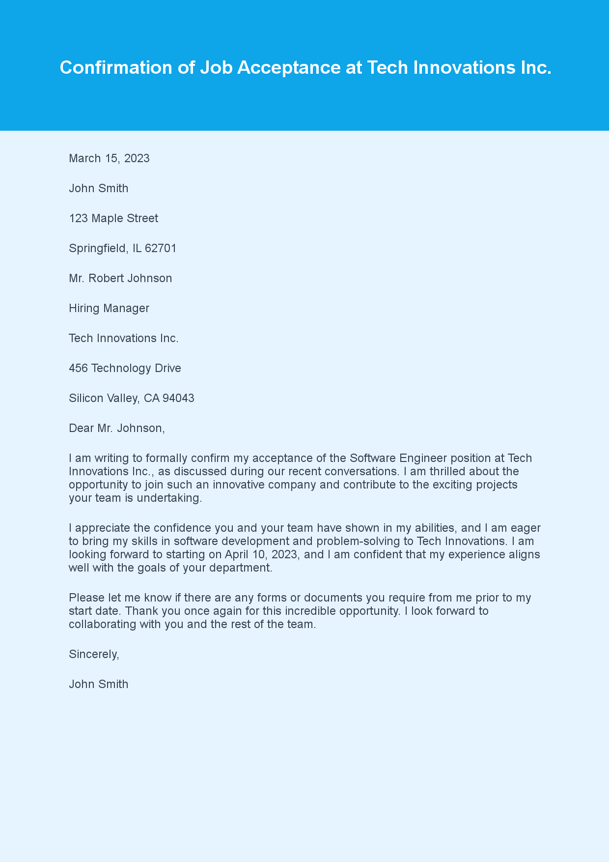 Confirmation Letter for Job Acceptance sample letter