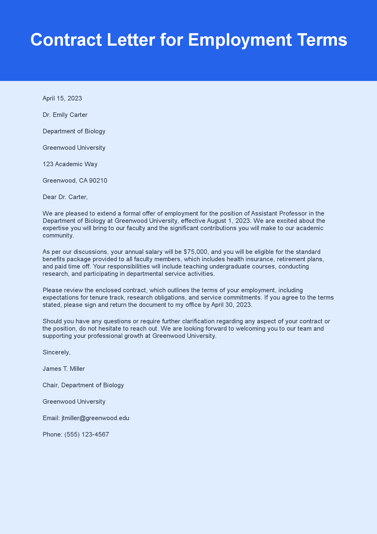 Contract Letter for Employment Terms sample letter