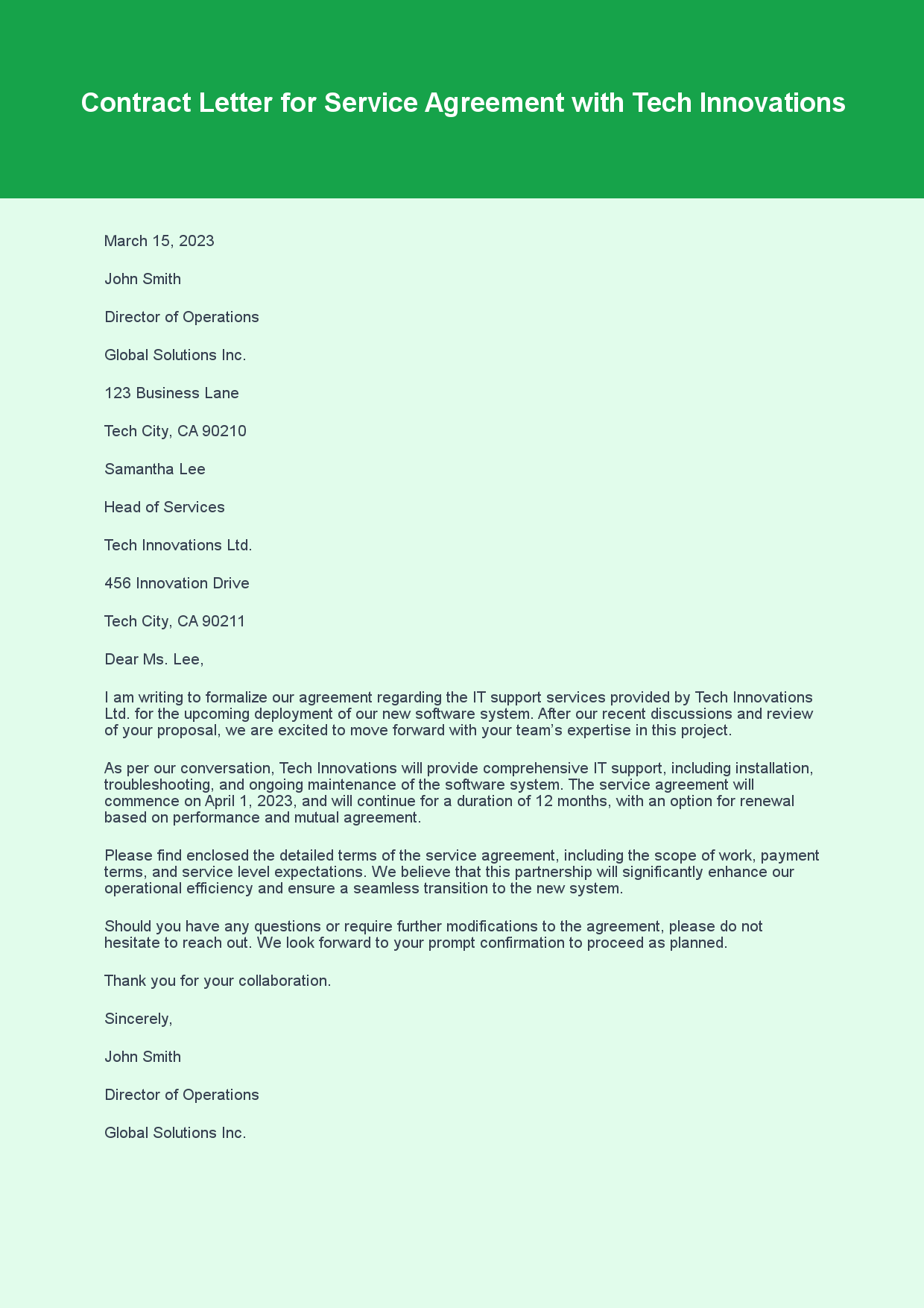 Contract Letter for Service Agreement sample letter