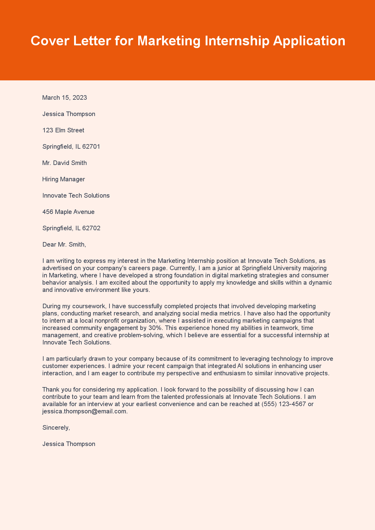 Cover Letter for Internship Position sample letter