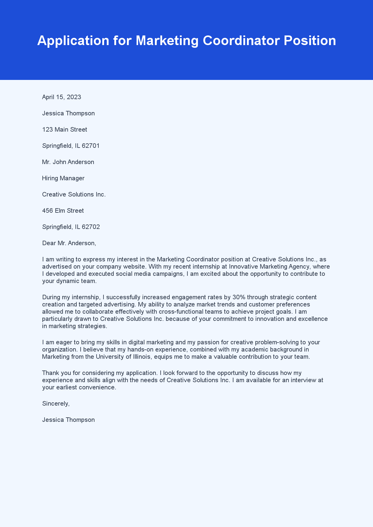Cover Letter for Job Application sample letter