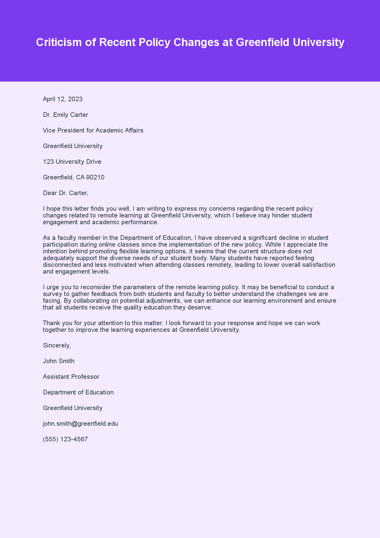 Criticism Letter for Policy Issues sample letter
