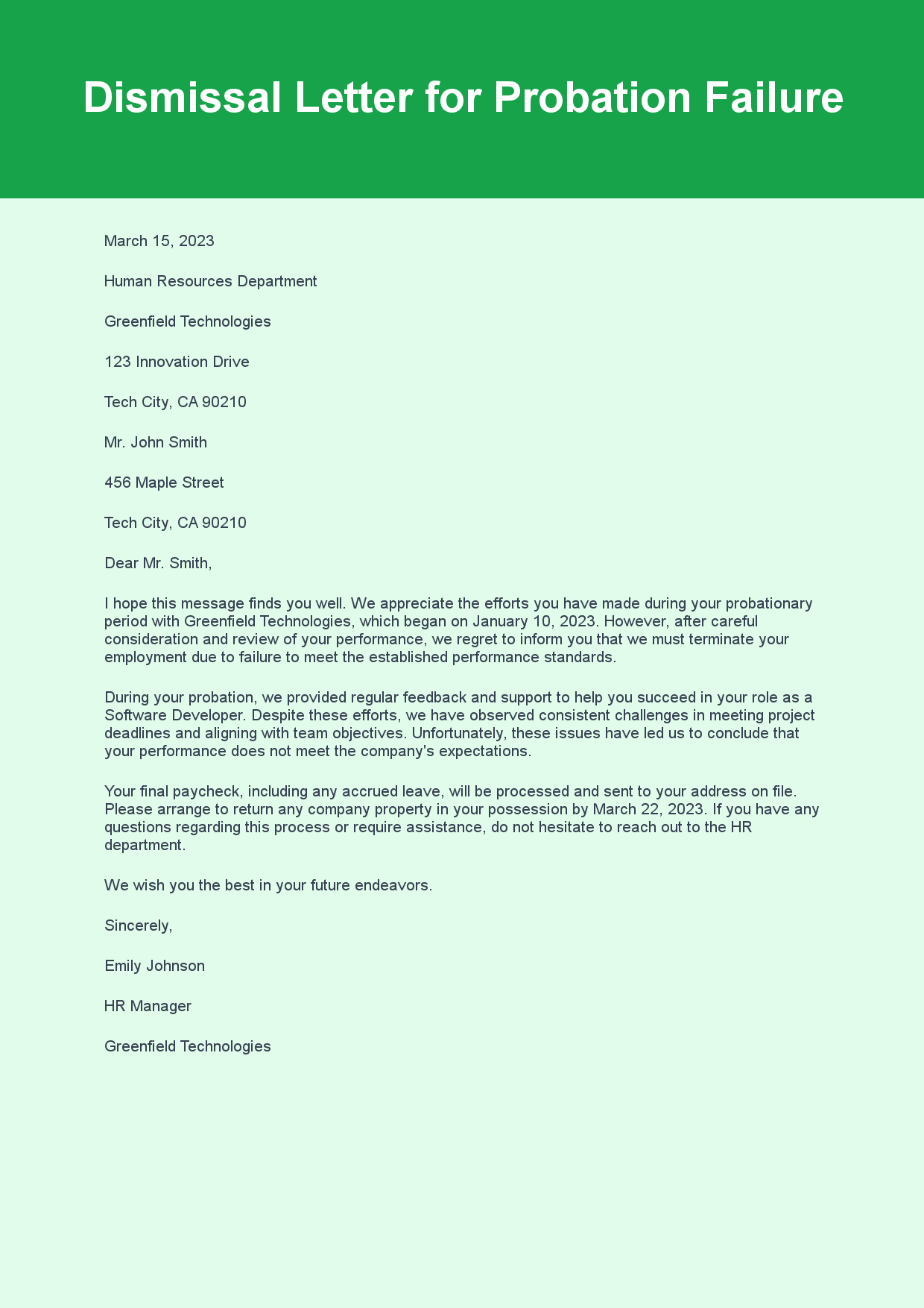 Dismissal Letter for Probation Failure sample letter