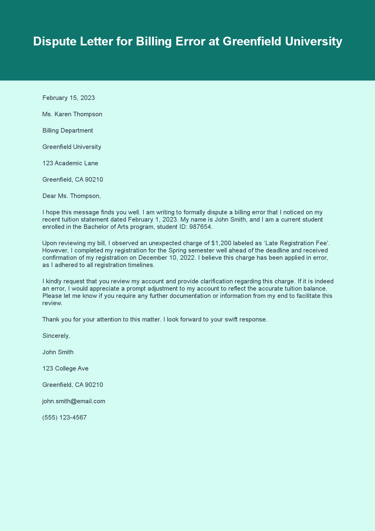 Dispute Letter for Billing Error sample letter