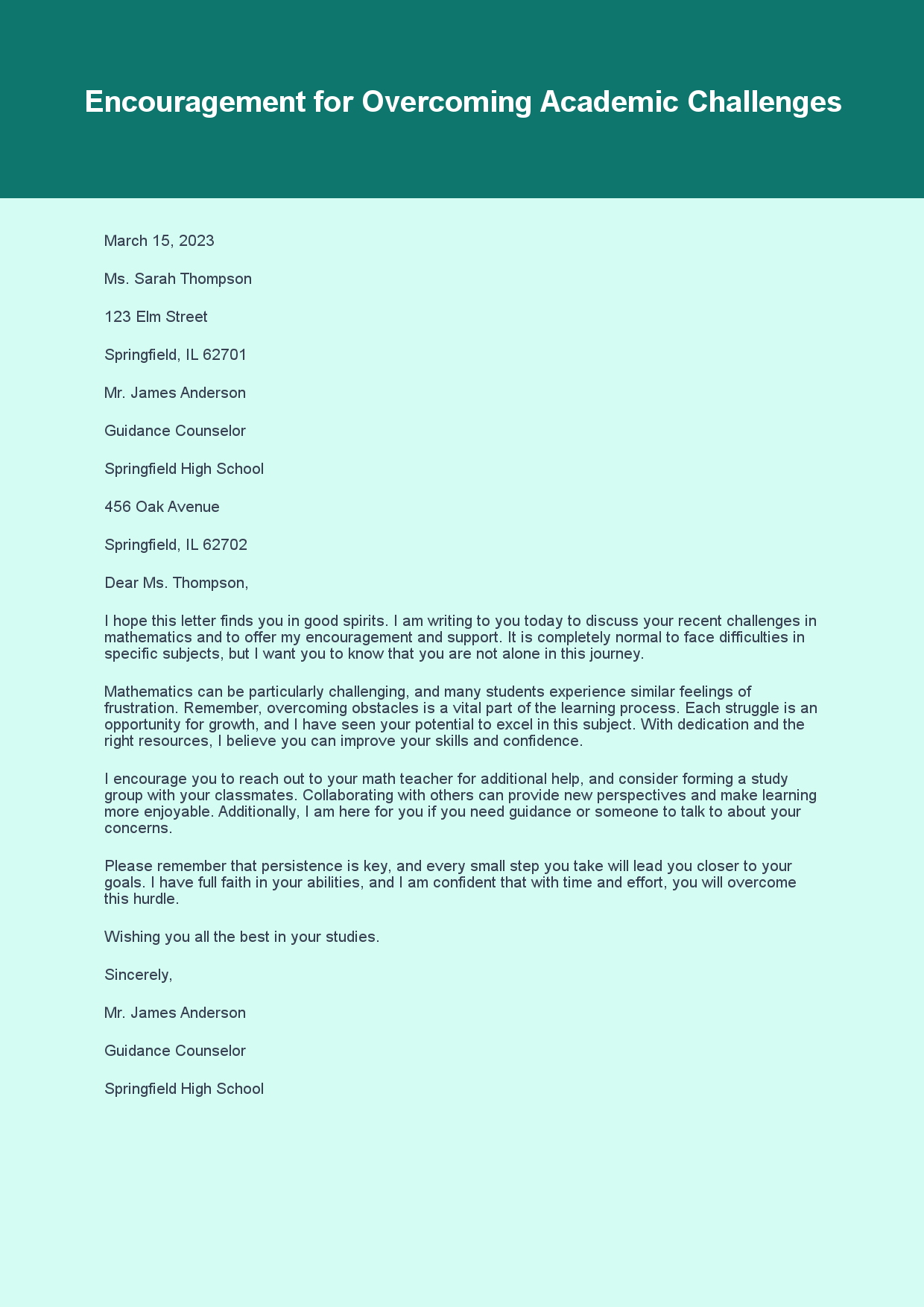 Encouragement Letter for Student Motivation sample letter