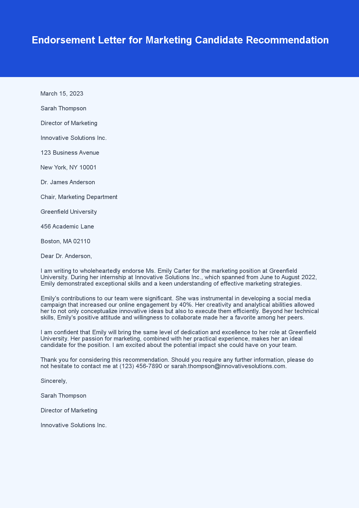 Endorsement Letter for Candidate Recommendation sample letter