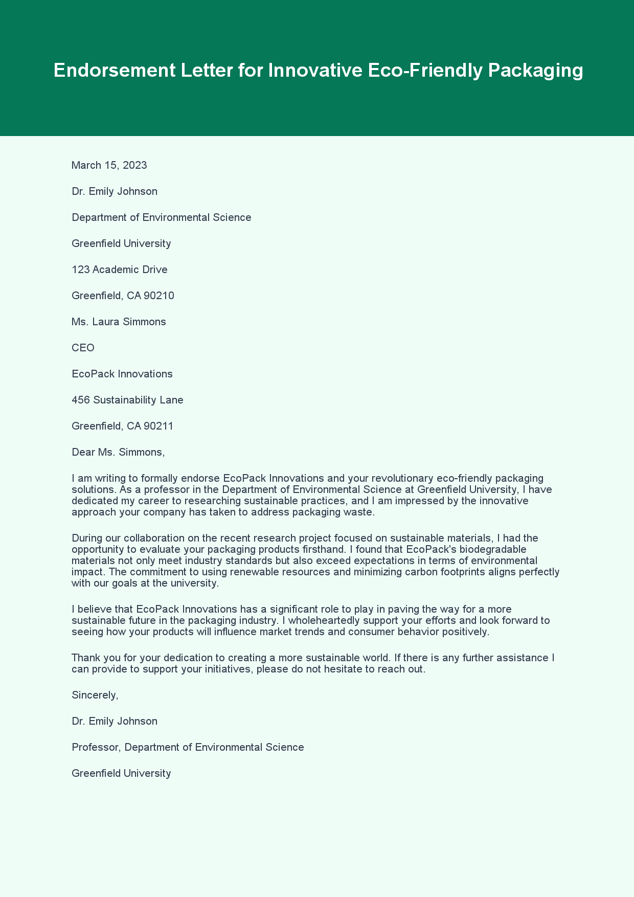 Endorsement Letter for Product Support sample letter