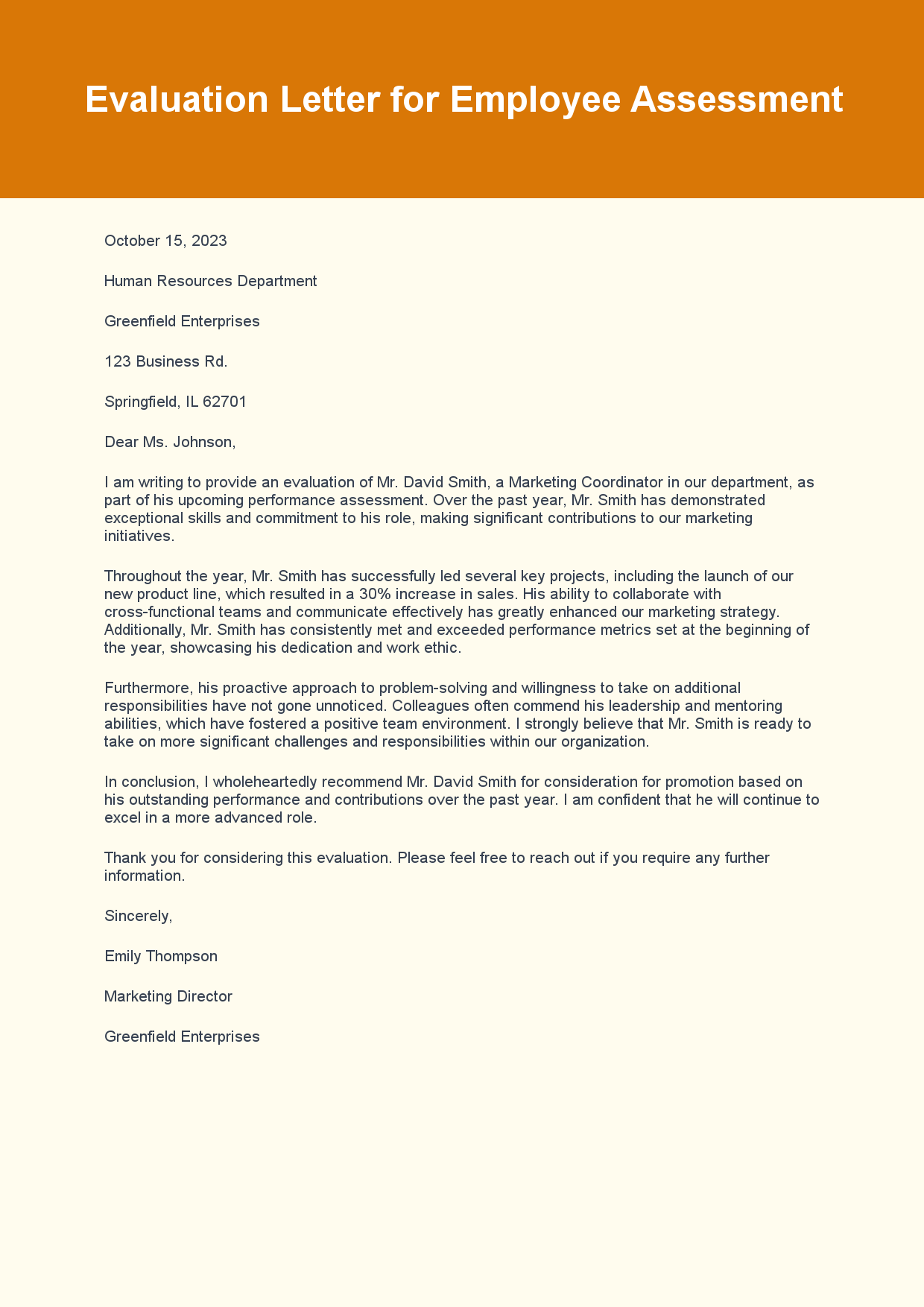 Evaluation Letter for Employee Assessment sample letter