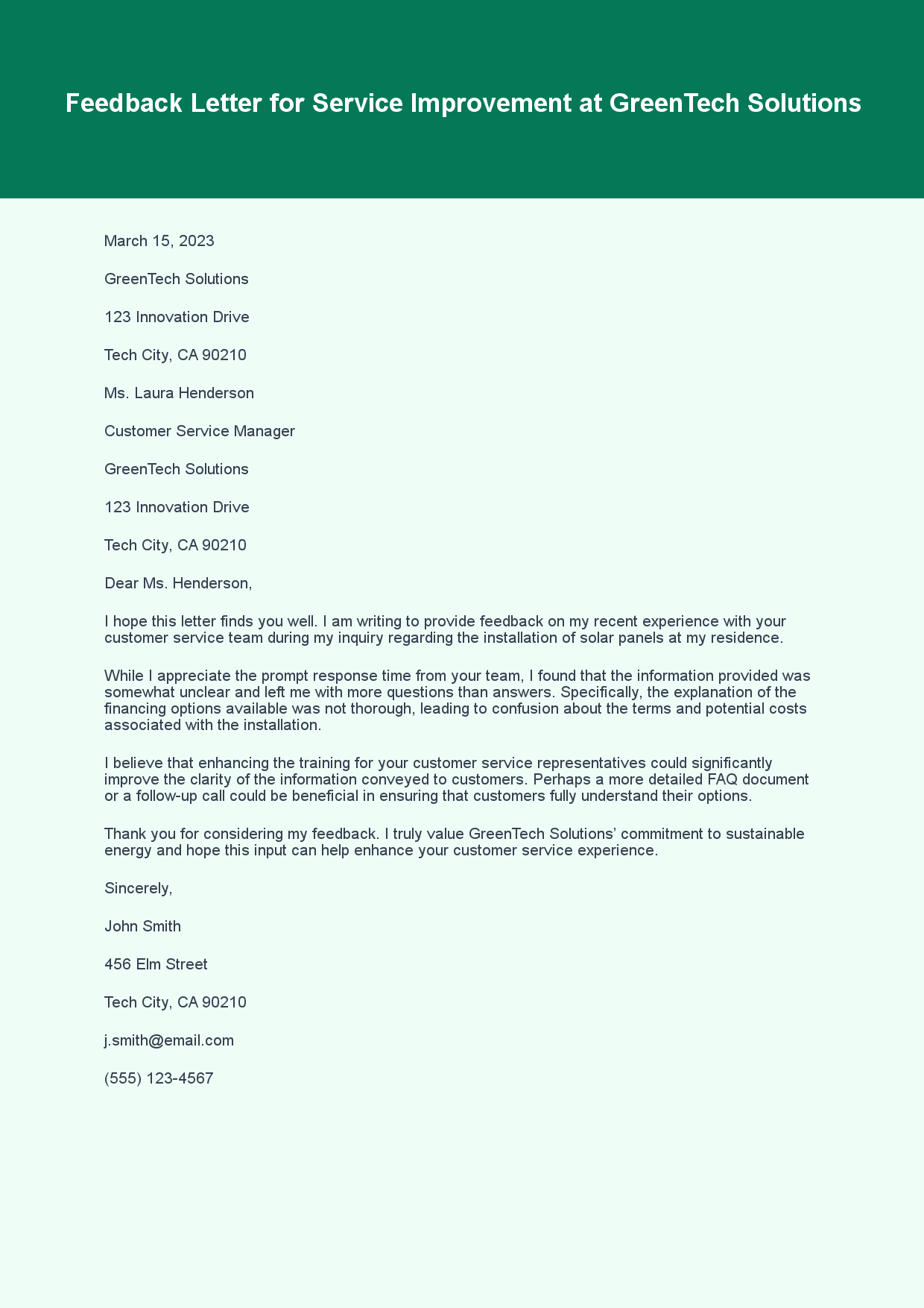 Feedback Letter for Service Improvement sample letter