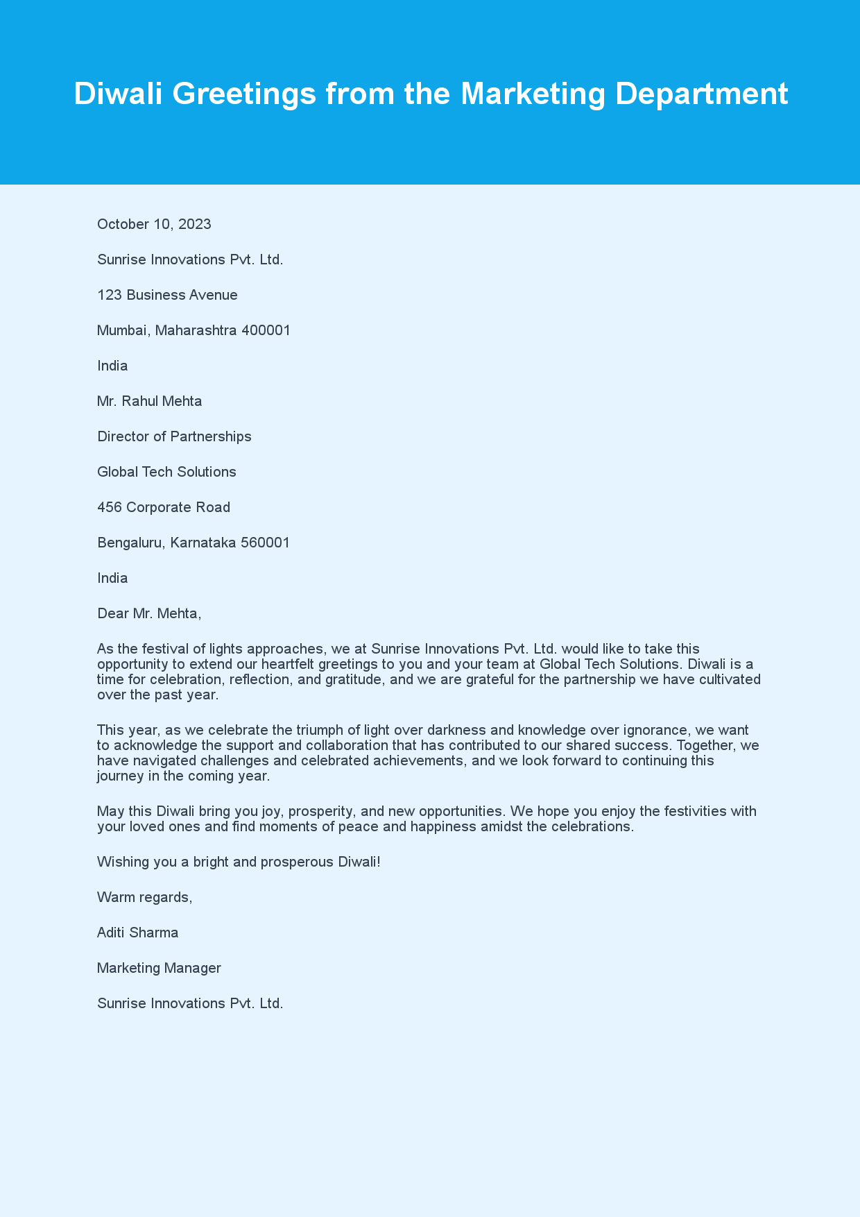 Festival Letter for Diwali Greetings sample letter